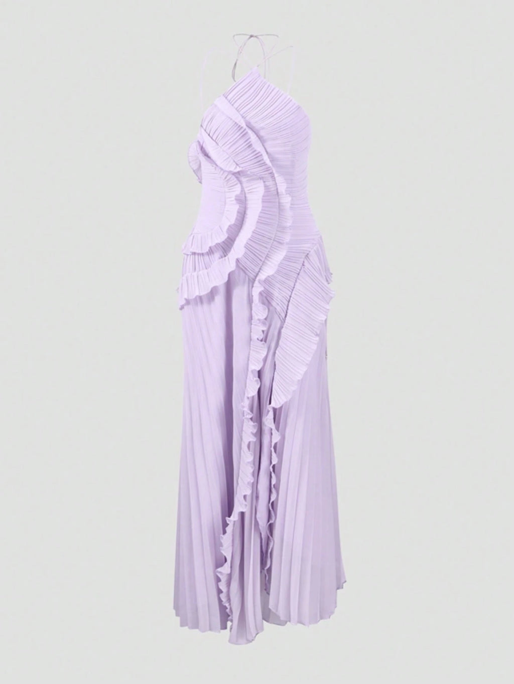 Women's White Lightweight Halter Neck Backless Ruffle Mid-Length A-Line Dress, Sleeveless Polyester Elegant - image 5