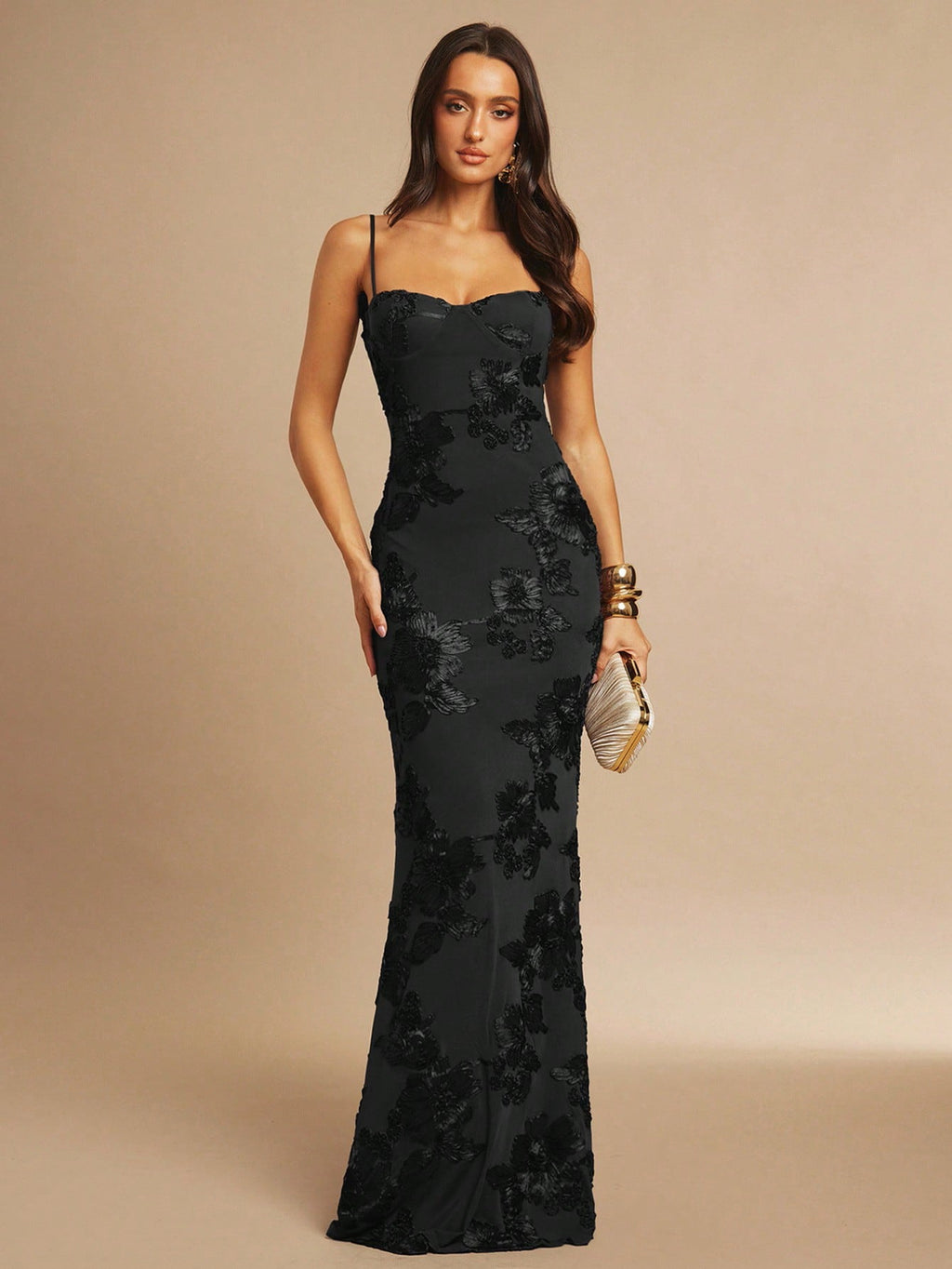 X GALILEA Silquee Women's Elegant Dark Brown 3D Floral Maxi Dress, Summer Slim Spaghetti Strap Suspender - image 20