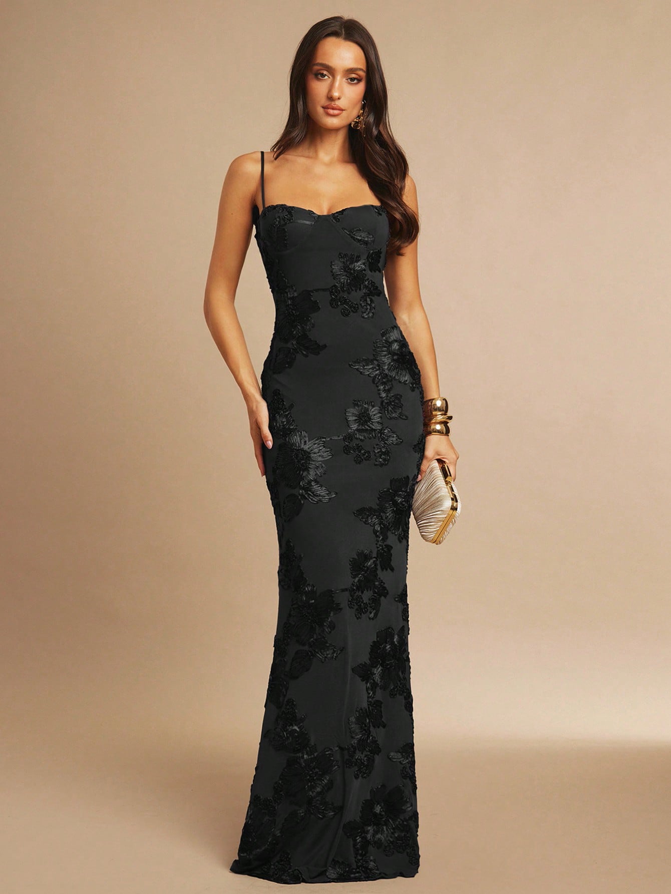 X GALILEA Silquee Women's Elegant Dark Brown 3D Floral Maxi Dress, Summer Slim Spaghetti Strap Suspender - image 20