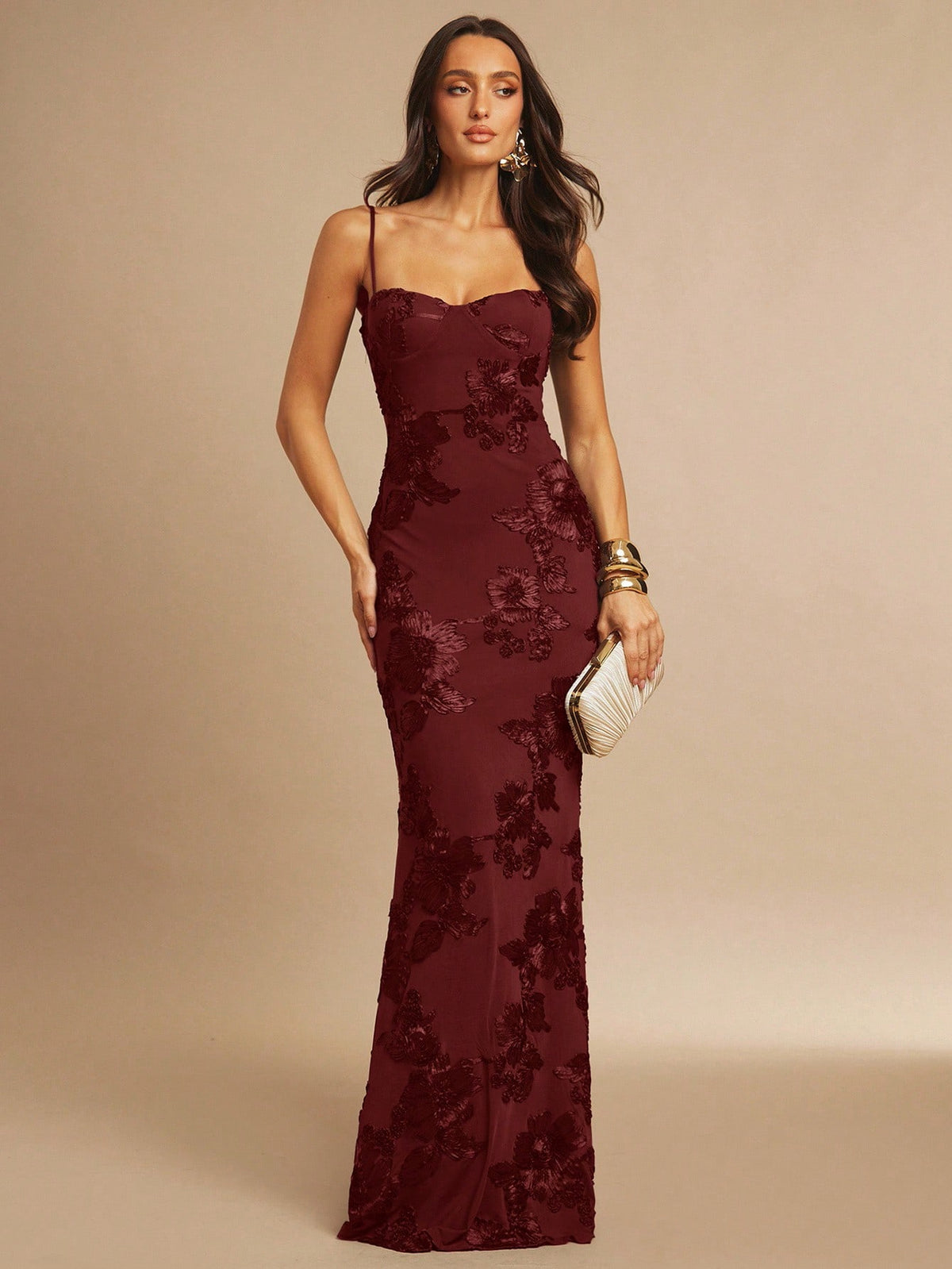 Silquee Women's Elegant Dark Brown 3D Floral Maxi Dress