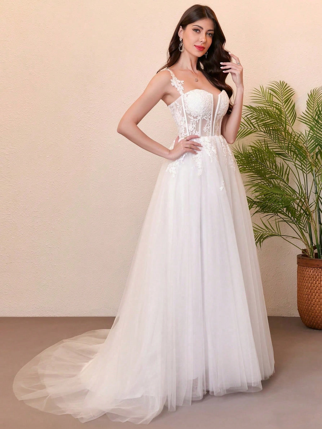 Sweetheart Neckline Trailing Sheer Lace Wedding Dress, Elegant Sleeveless Deep V-Neck Tie Waist Wedding Gown - image 4