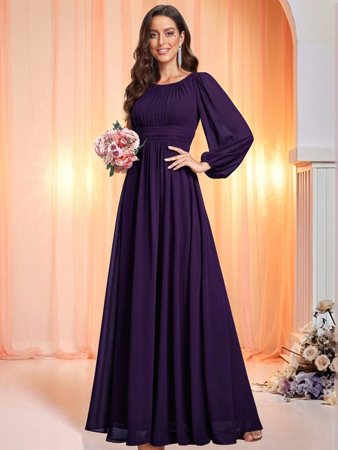 EVERPRETTY Elegant Autumn Special Occasion Chiffon Round Neck Lantern