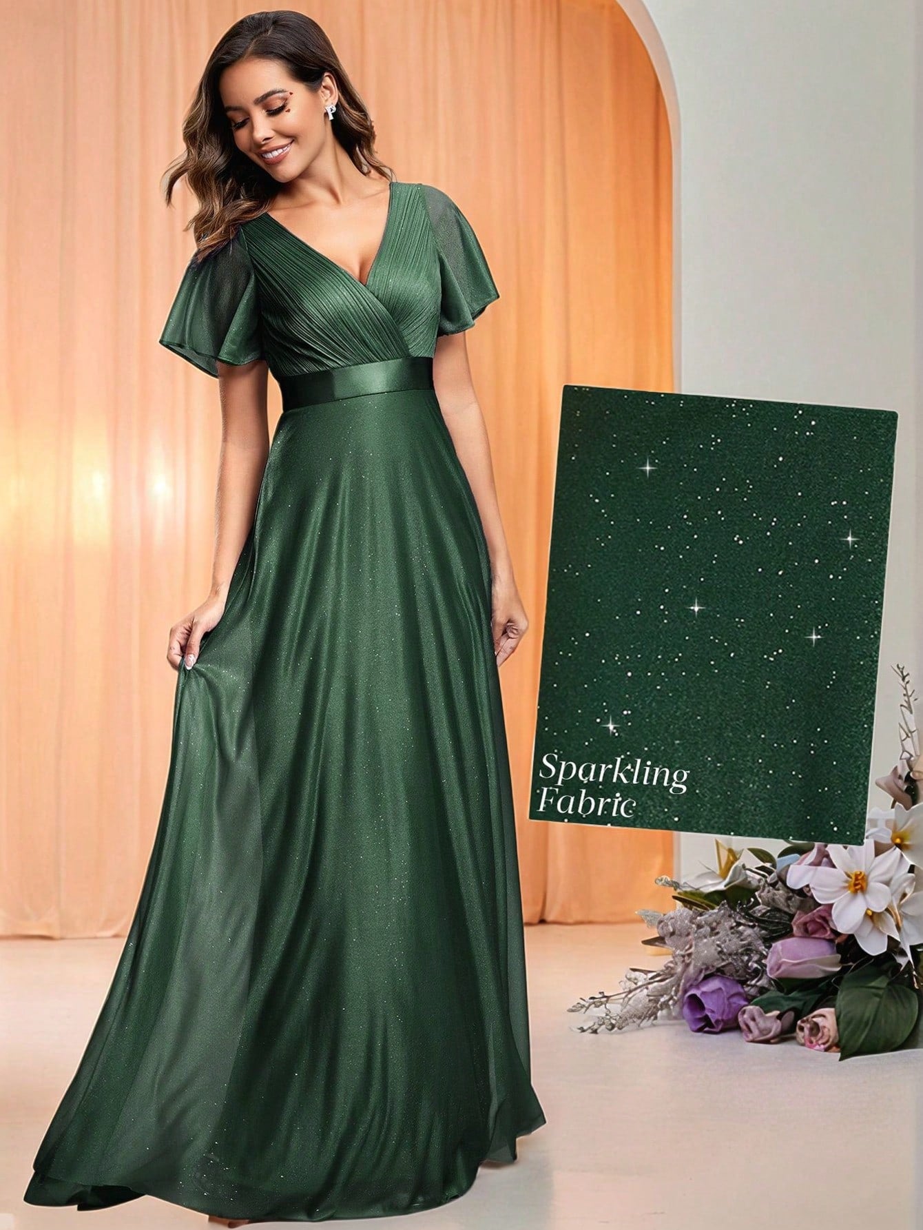 EVERPRETTY Elegant V-Neck Ruffle Sequin Bridesmaid Dress, Formal