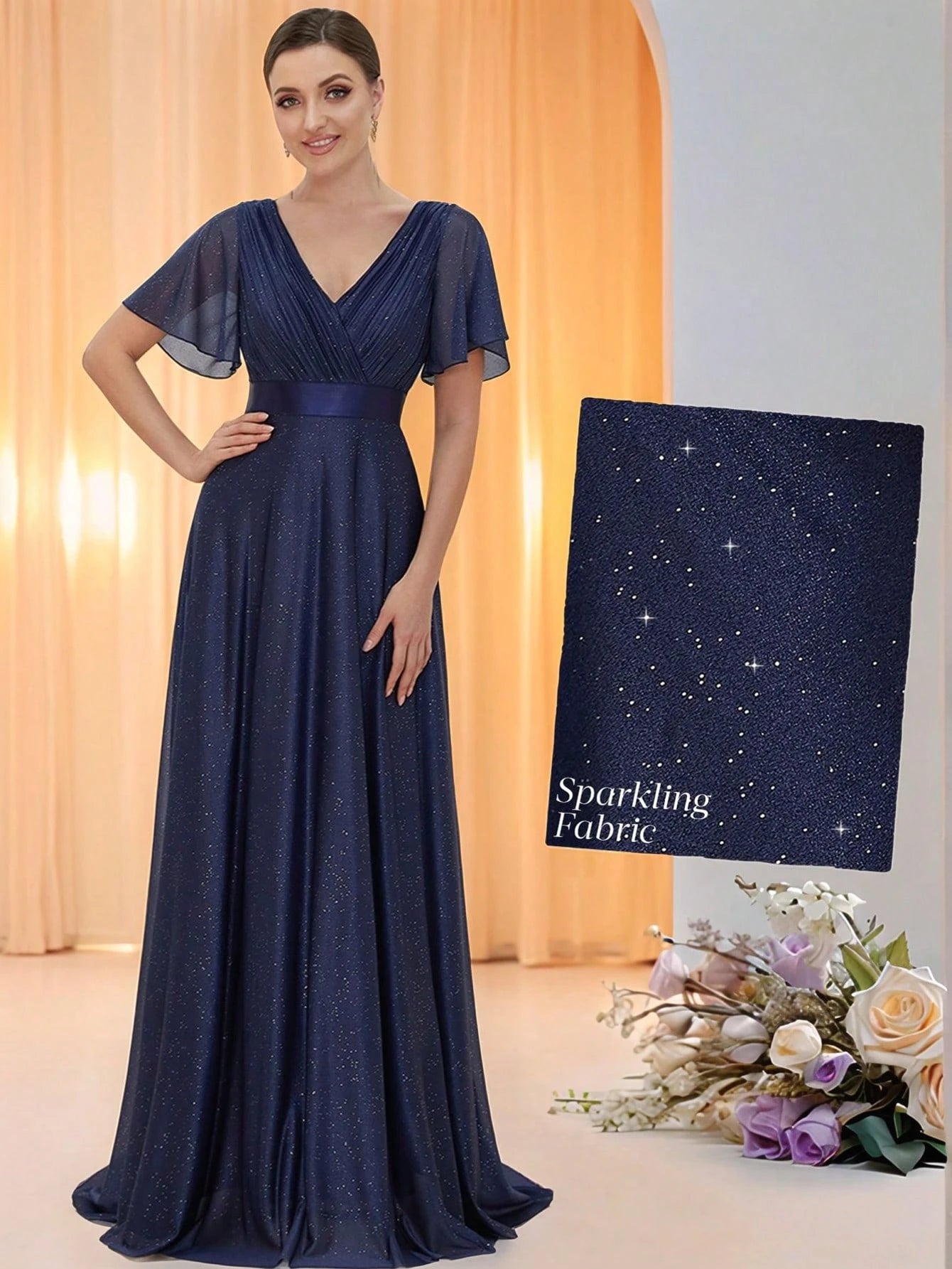 EVERPRETTY Elegant V-Neck Ruffle Sequin Bridesmaid Dress, Formal