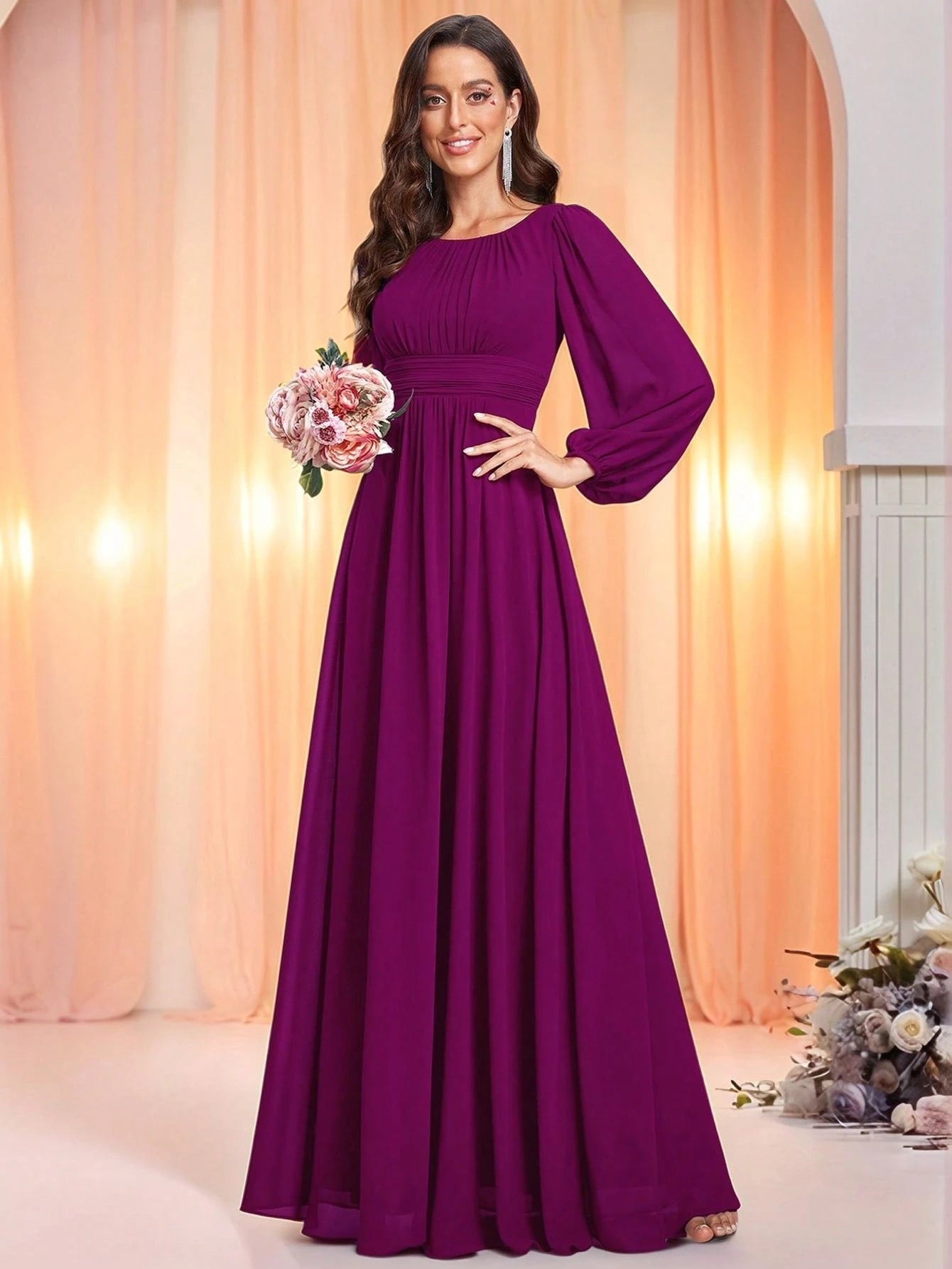 EVERPRETTY Elegant Autumn Special Occasion Chiffon Round Neck Lantern