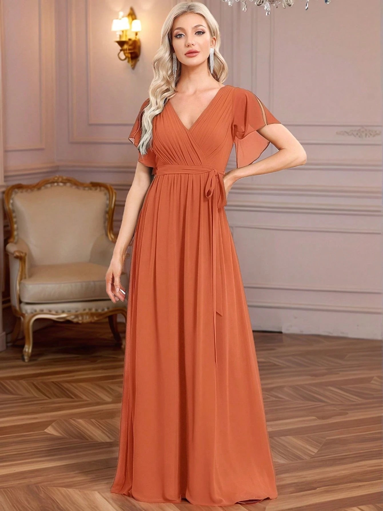 EVERPRETTY Butterfly Sleeve Pleated Chiffon Light Pink Bridesmaid