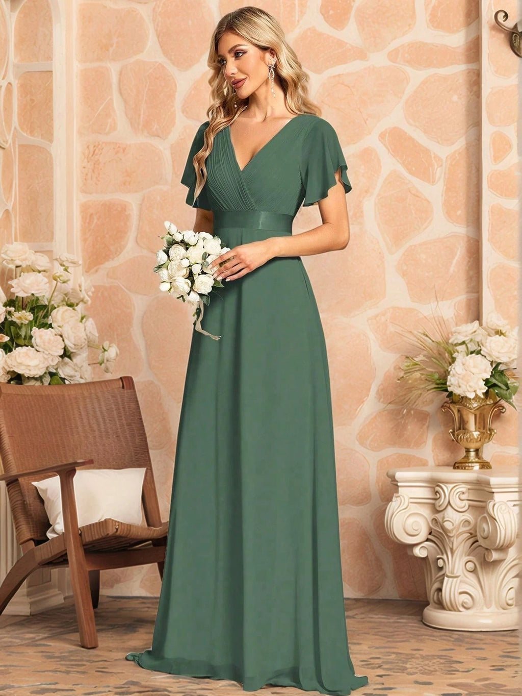 EVERPRETTY Elegant V-Neck Ruffle Butterfly Sleeve Pink Bridesmaid Dress, Wedding Guest Dress, Spring - image 13