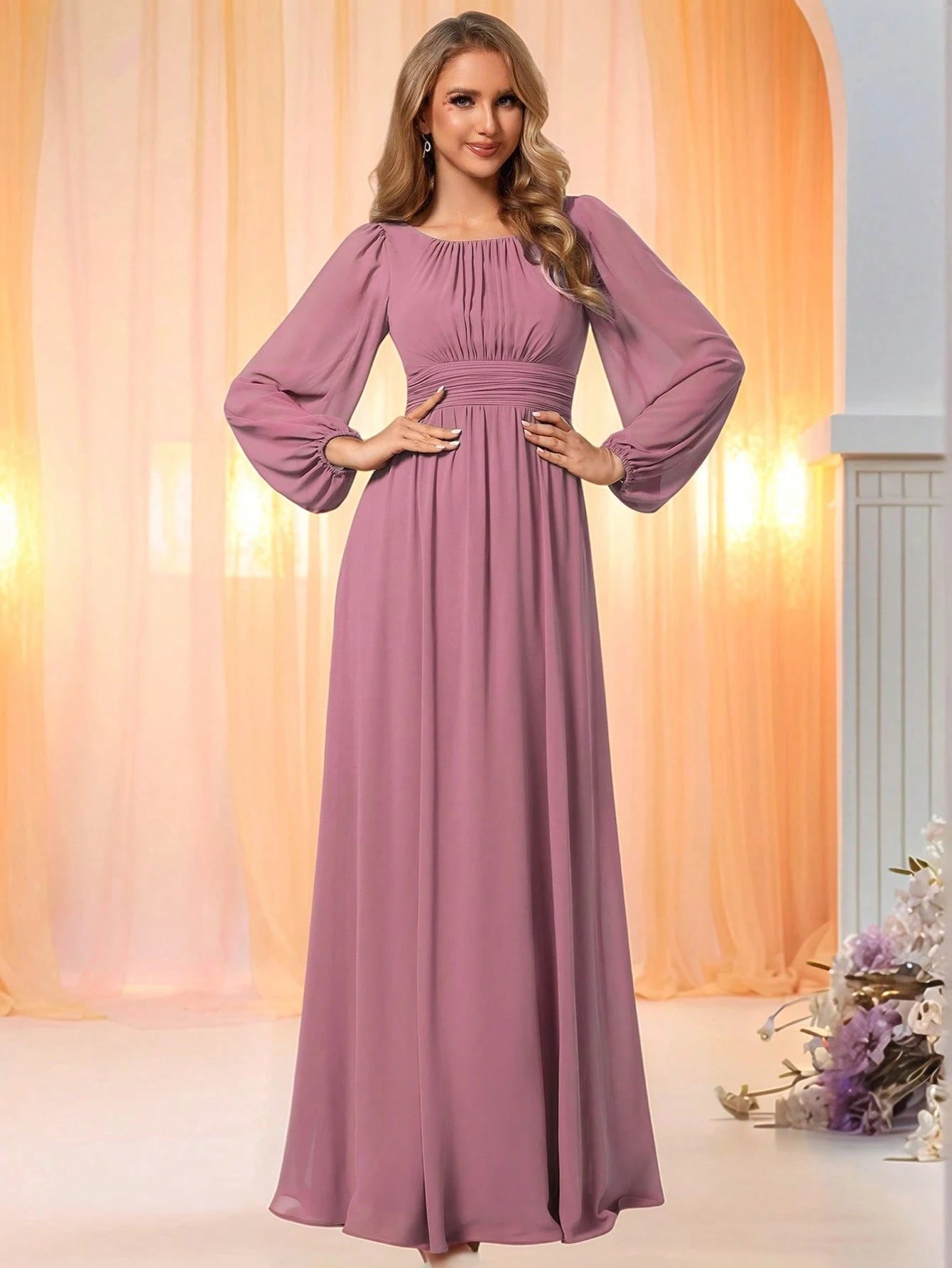 EVERPRETTY Elegant Autumn Special Occasion Chiffon Round Neck Lantern