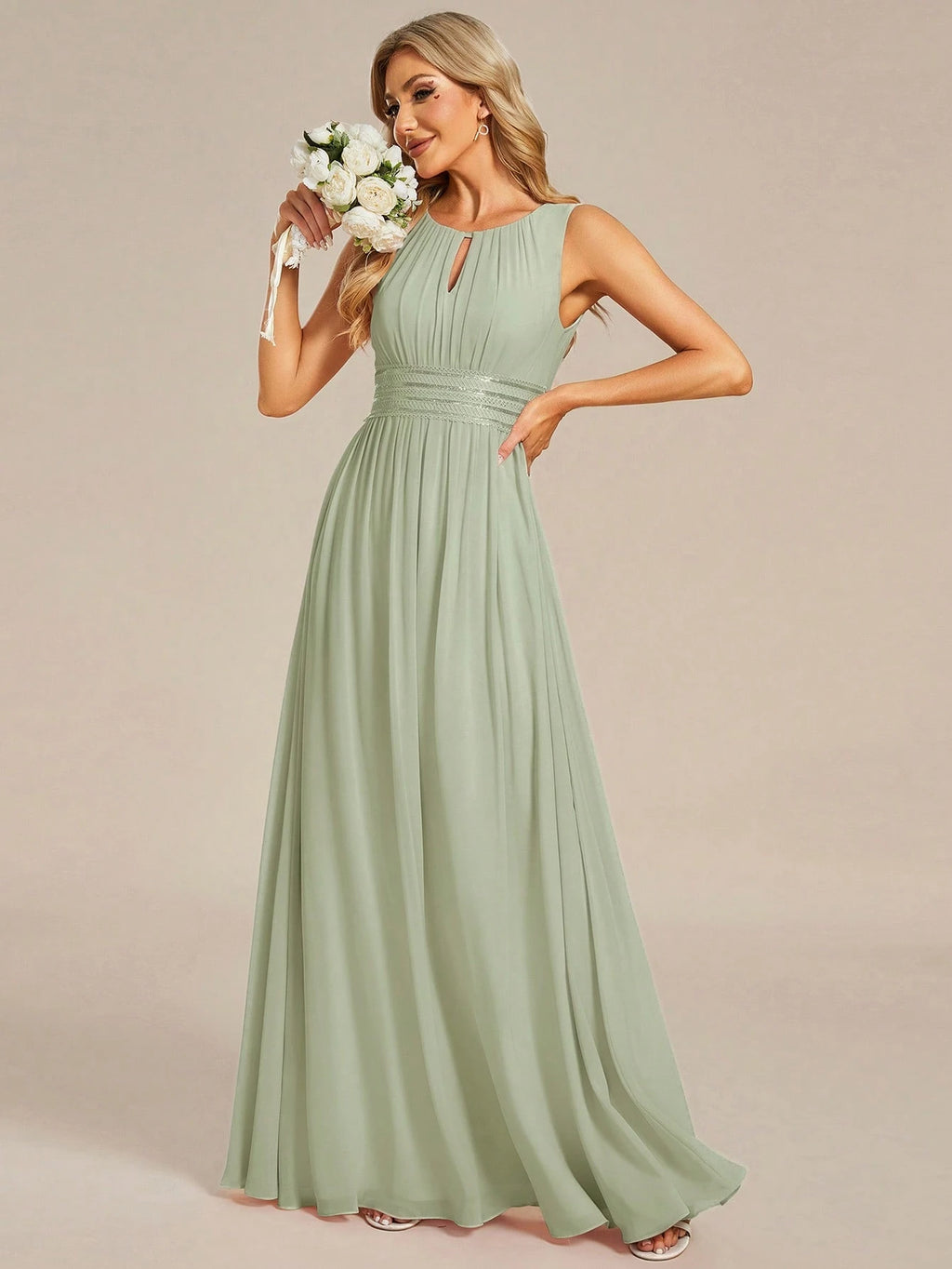 Romantic Chiffon Backless Ruffle Detail Light Blue Bridesmaid Dress, Semi-Formal Wedding Guest Dress, - image 4