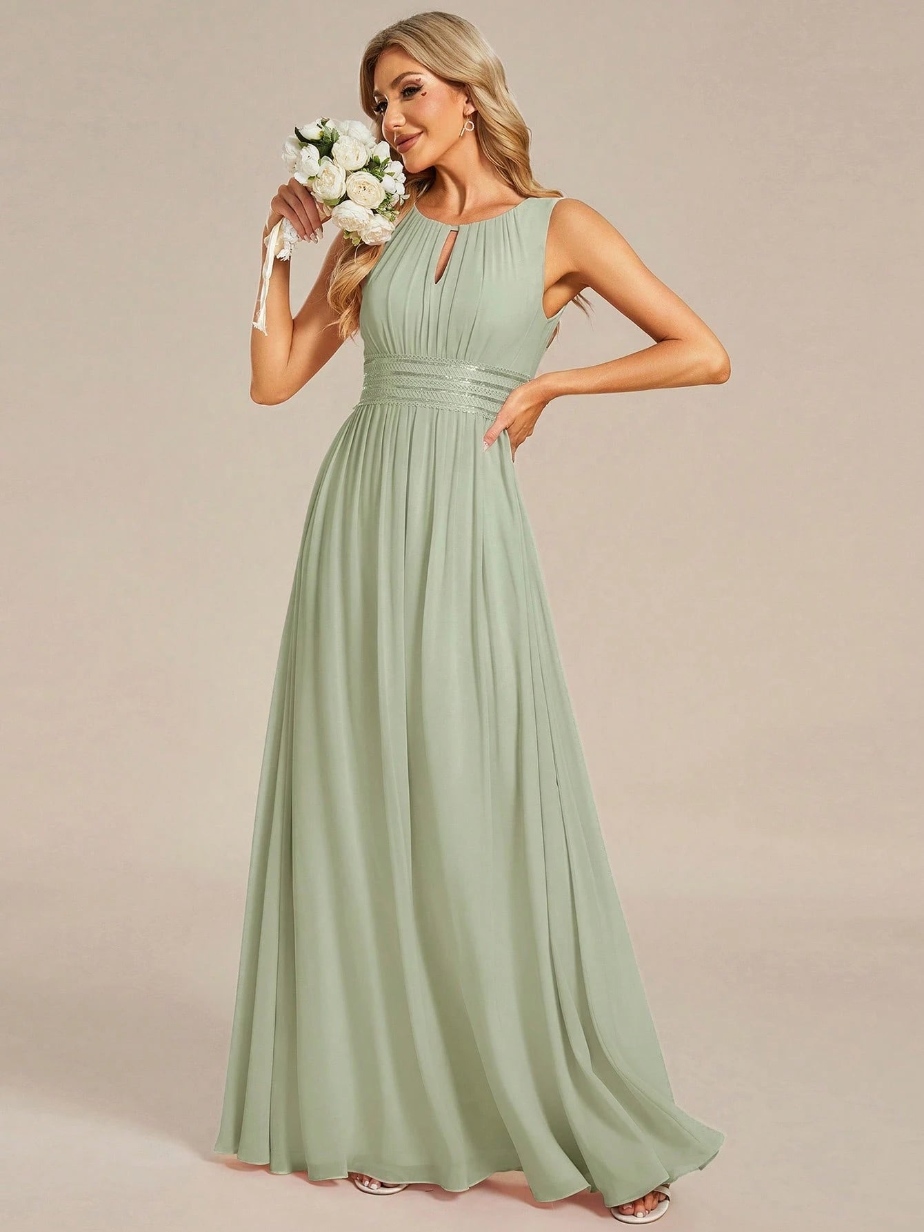 Romantic Chiffon Backless Ruffle Detail Light Blue Bridesmaid Dress, Semi-Formal Wedding Guest Dress, - image 4