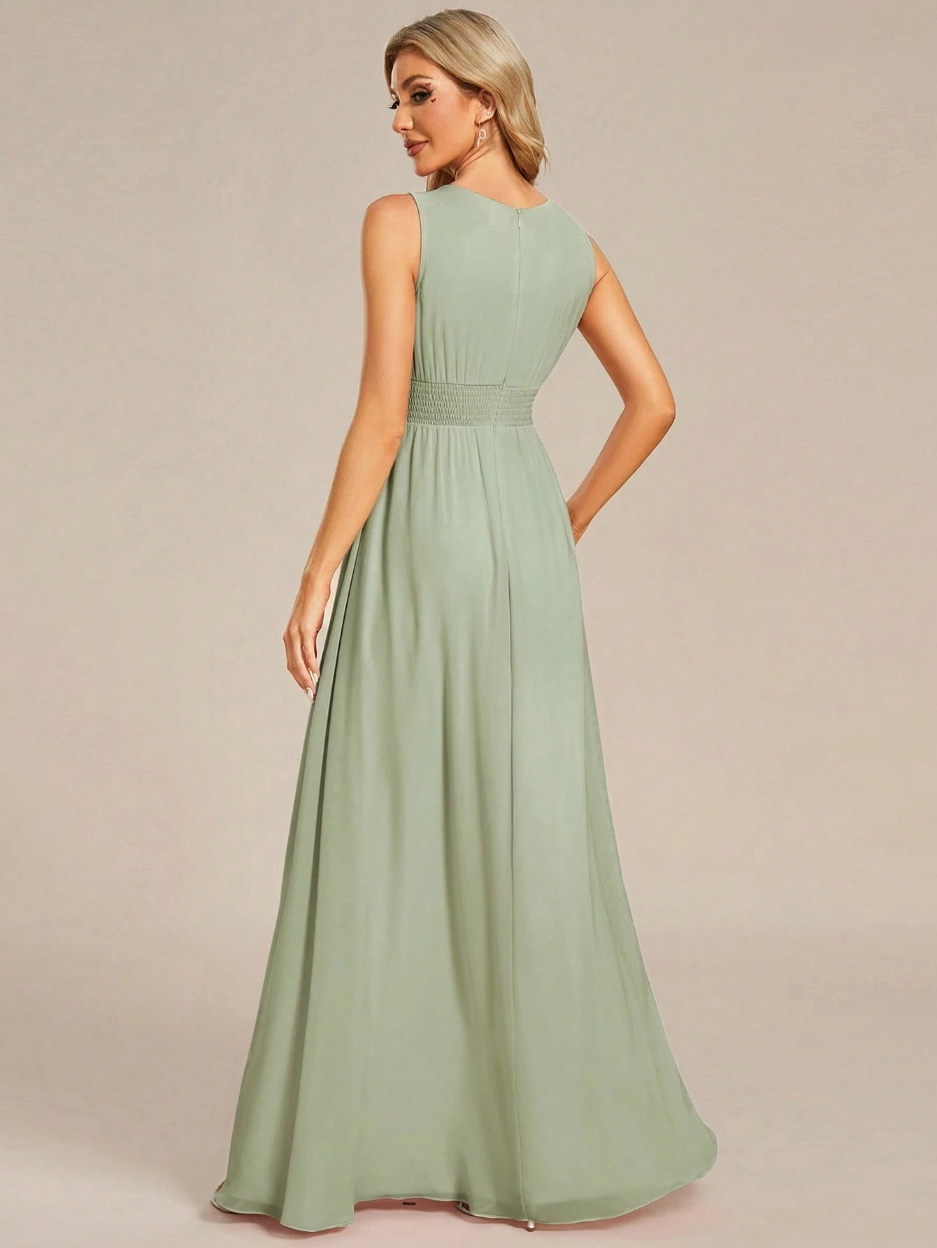 Romantic Chiffon Backless Ruffle Detail Light Blue Bridesmaid Dress, Semi-Formal Wedding Guest Dress, - image 2