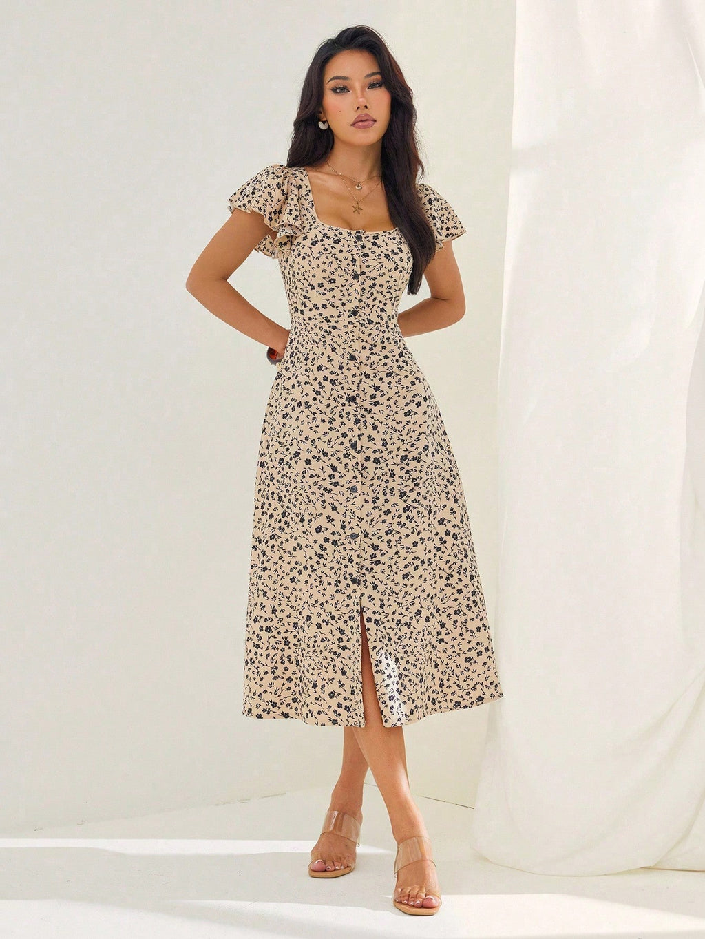 PETITE Women's Ditsy Floral Square Neck Ruffle Sleeve Split Hem Maxi