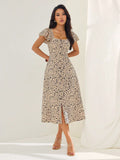 PETITE Women's Ditsy Floral Square Neck Ruffle Sleeve Split Hem Maxi