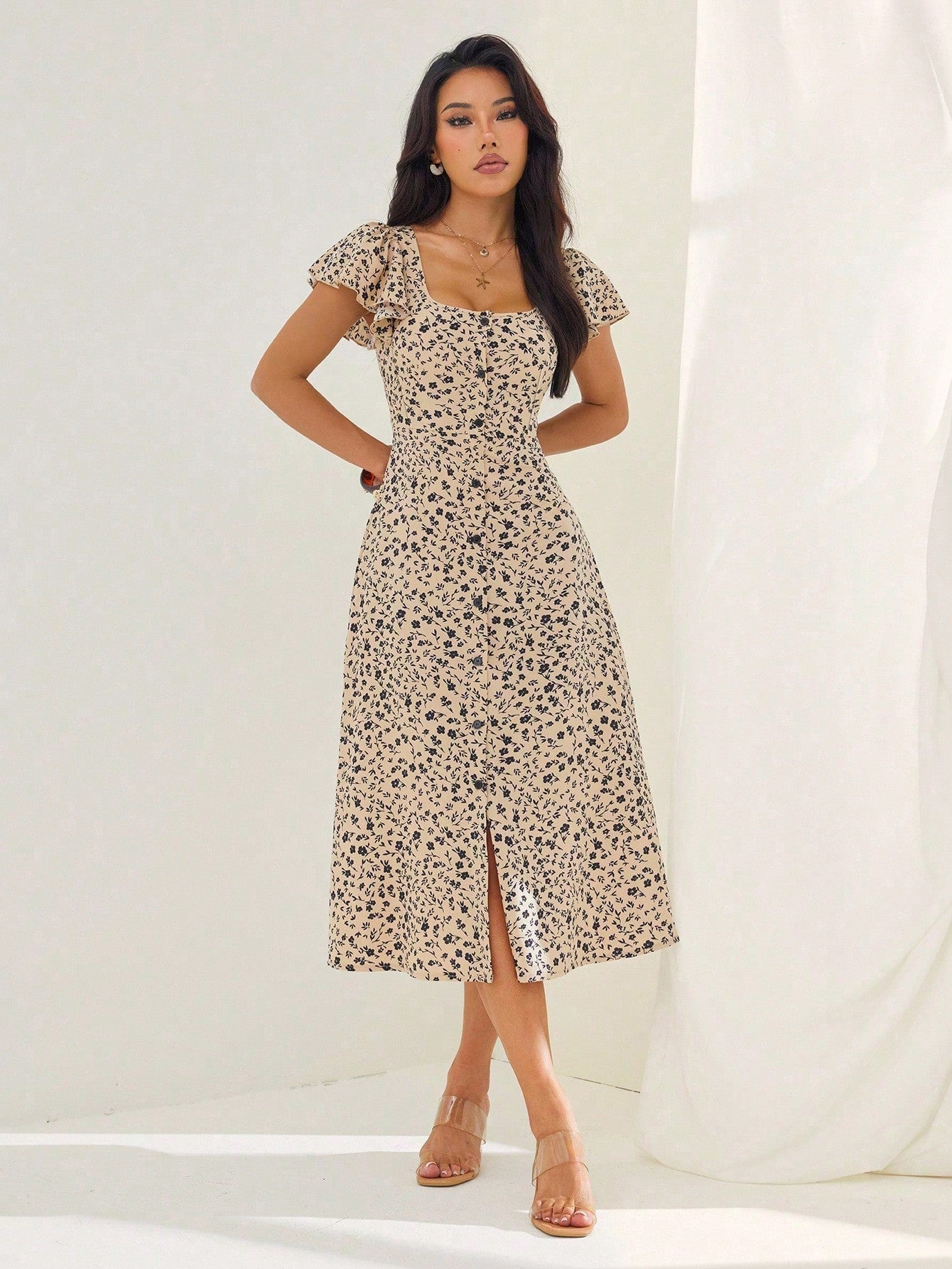 PETITE Women's Ditsy Floral Square Neck Ruffle Sleeve Split Hem Maxi