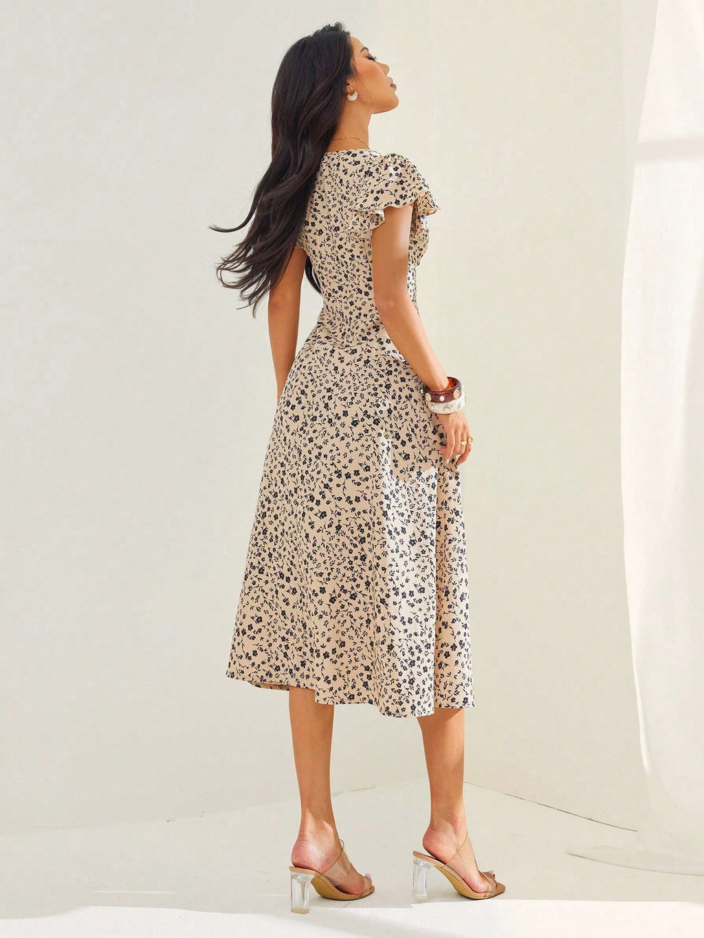 PETITE Women's Ditsy Floral Square Neck Ruffle Sleeve Split Hem Maxi