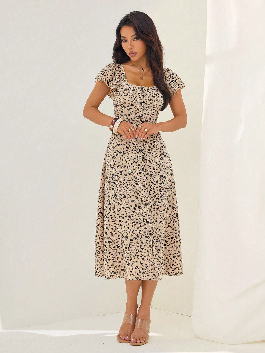 PETITE Women's Ditsy Floral Square Neck Ruffle Sleeve Split Hem Maxi