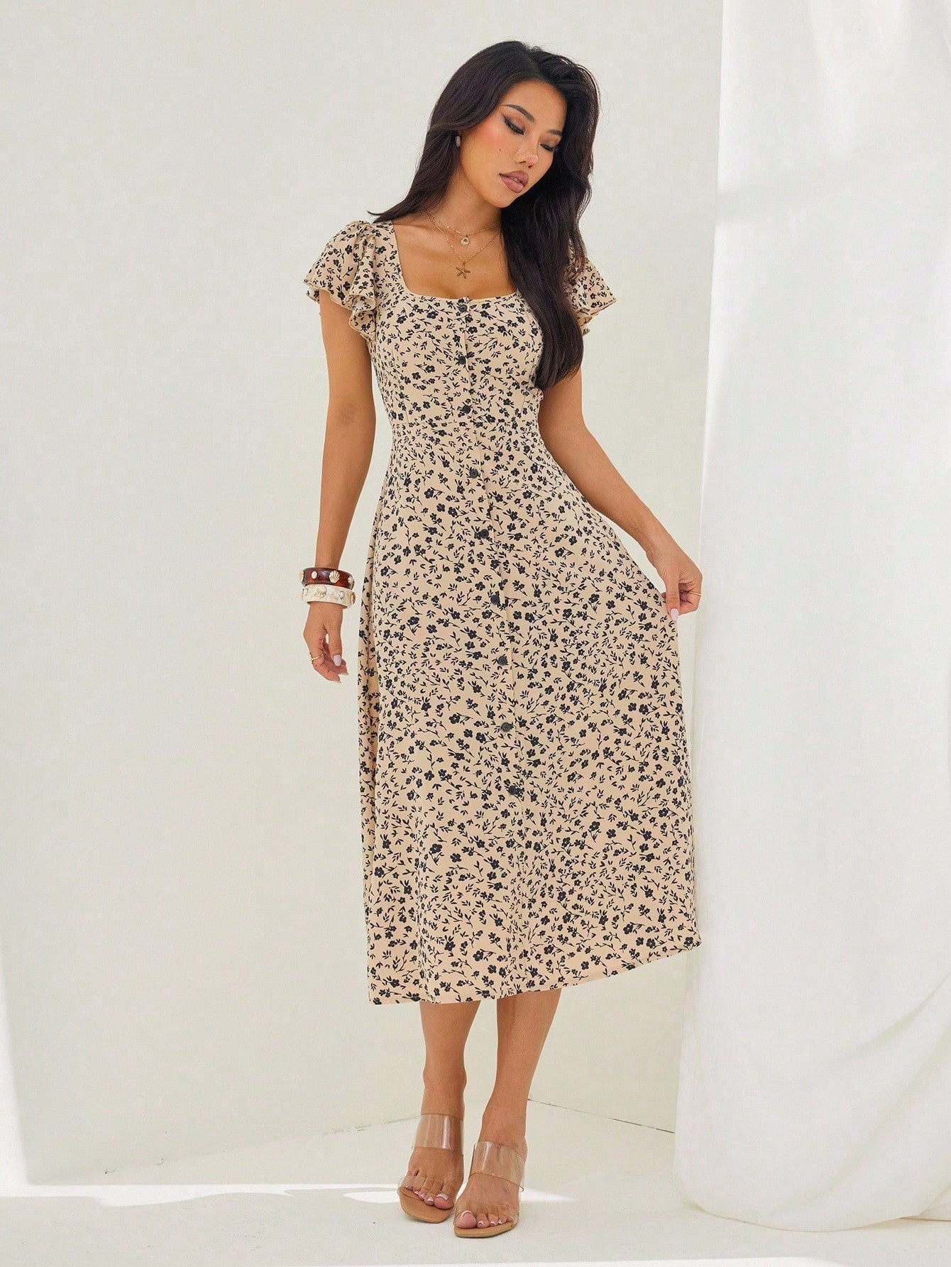 PETITE Women's Ditsy Floral Square Neck Ruffle Sleeve Split Hem Maxi