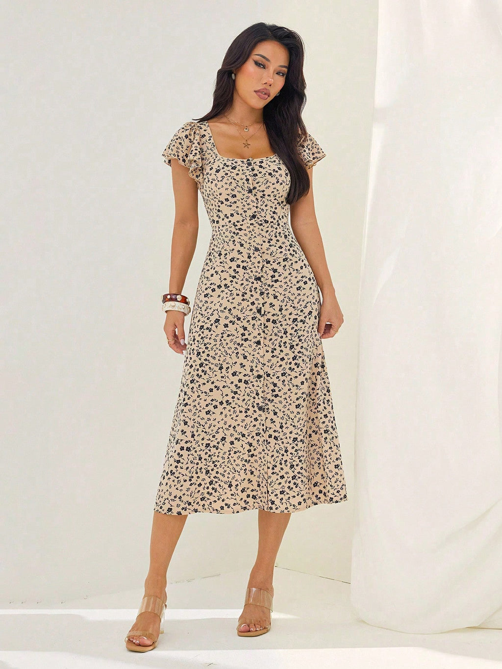 PETITE Women's Ditsy Floral Square Neck Ruffle Sleeve Split Hem Maxi