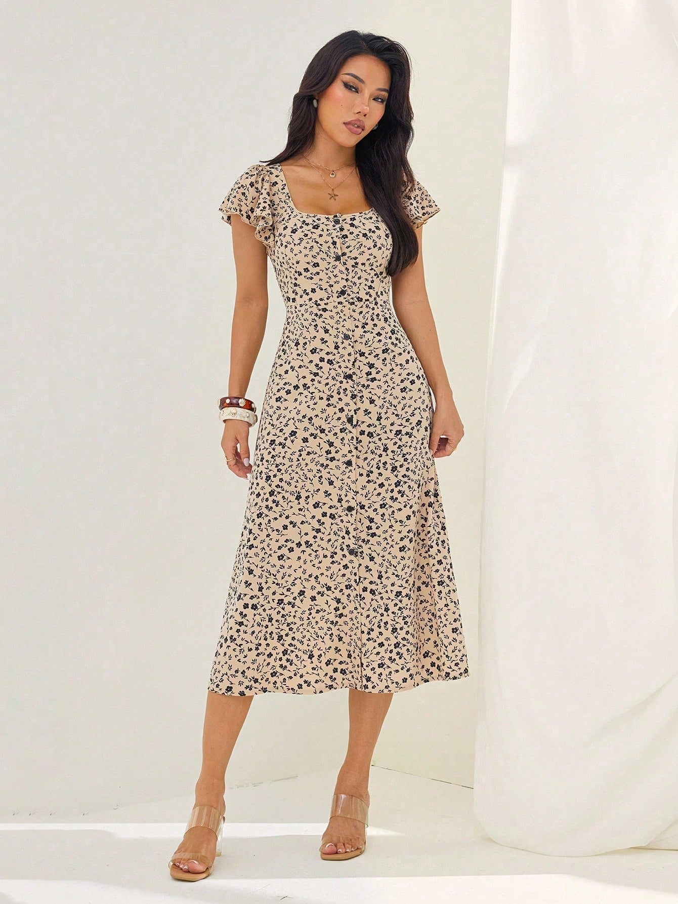 PETITE Women's Ditsy Floral Square Neck Ruffle Sleeve Split Hem Maxi