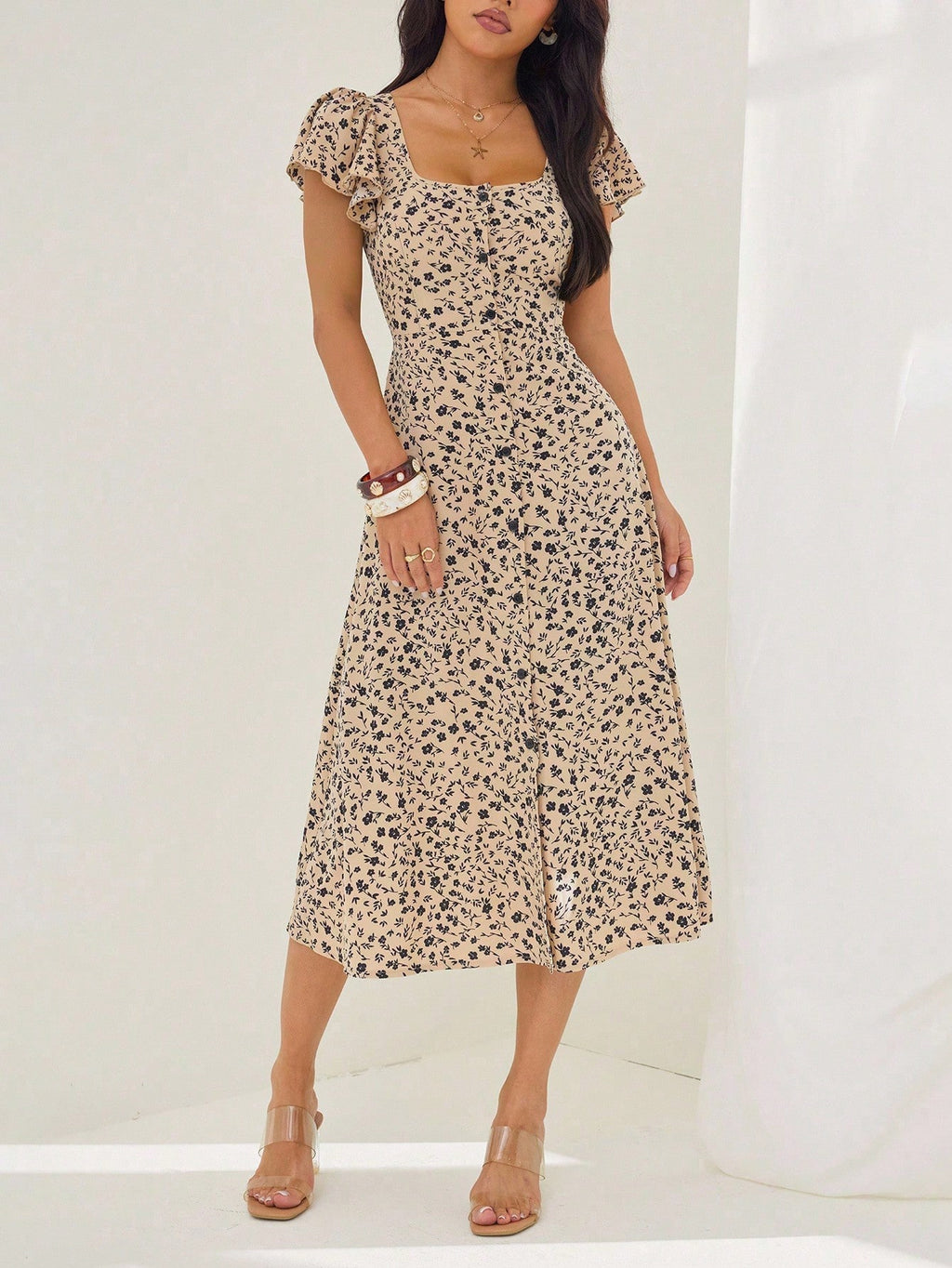 PETITE Women's Ditsy Floral Square Neck Ruffle Sleeve Split Hem Maxi