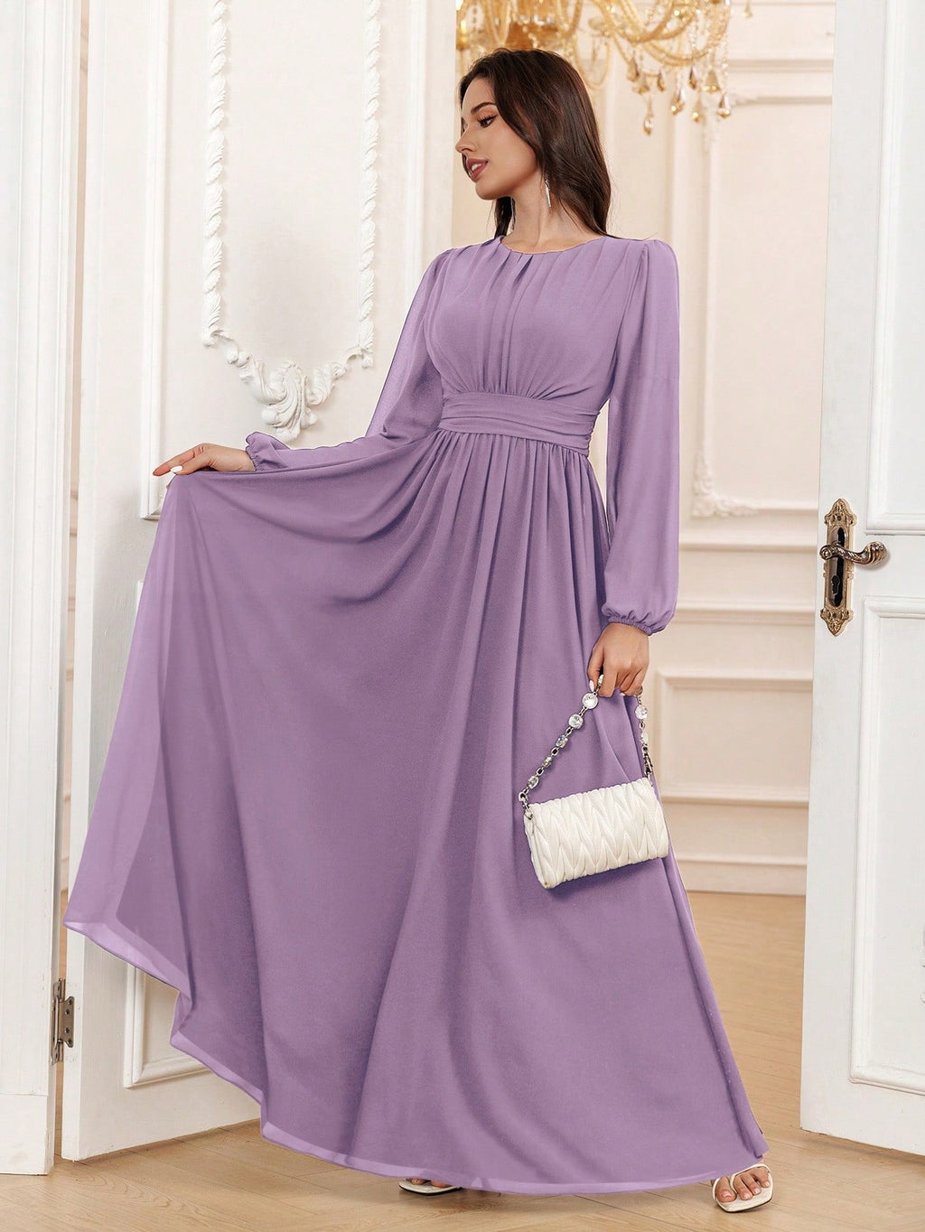 Volly Toych Lavender Elegant A-Line Round Neck Long Sleeve Floor-Length Chiffon Formal Bridesmaid Dress, - image 15