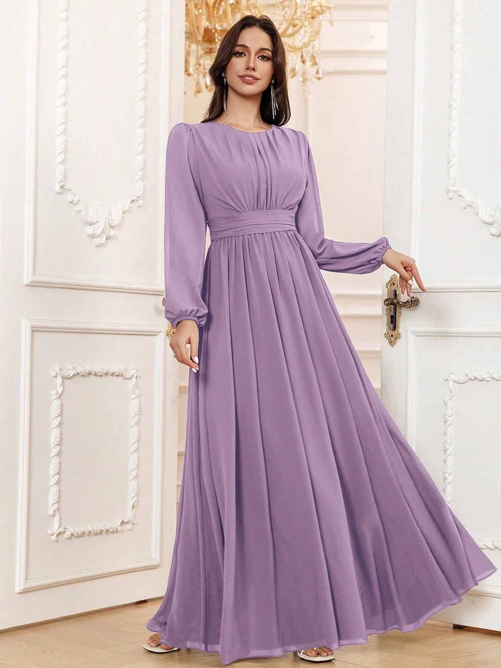 Volly Toych Lavender Elegant A-Line Round Neck Long Sleeve Floor-Length Chiffon Formal Bridesmaid Dress, - image 18