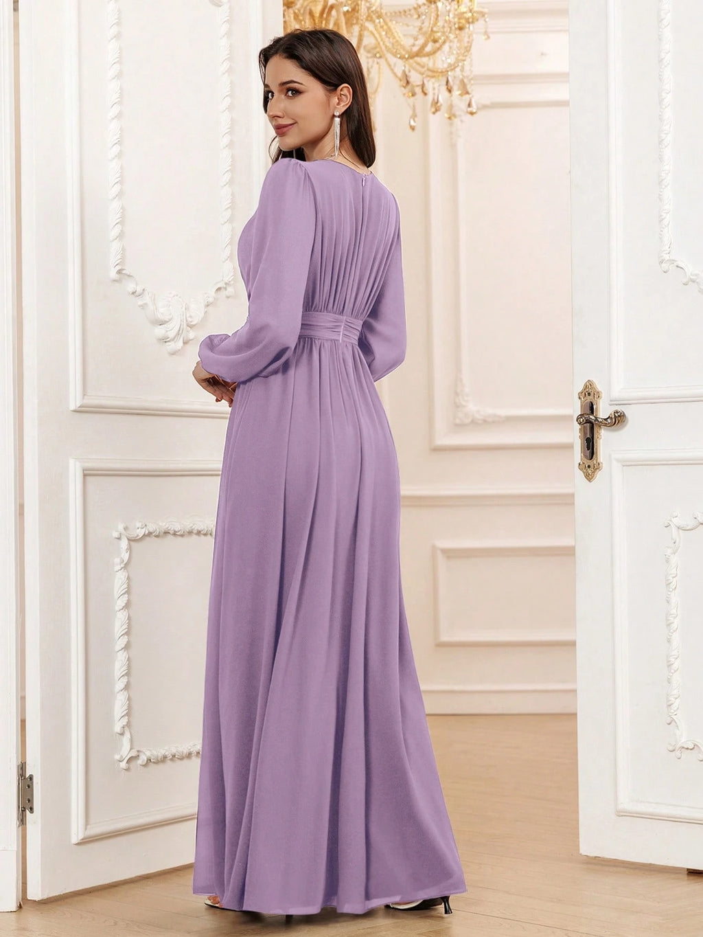 Volly Toych Lavender Elegant A-Line Round Neck Long Sleeve Floor-Length Chiffon Formal Bridesmaid Dress, - image 14