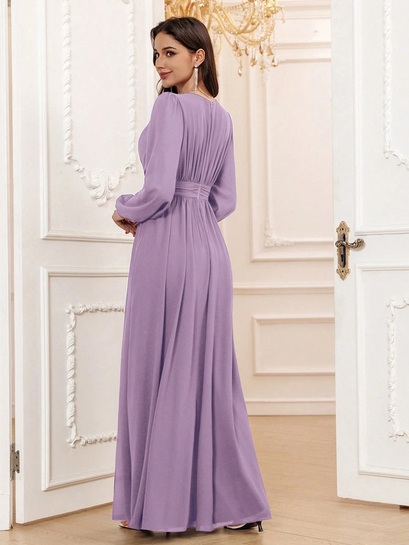 Volly Toych Lavender Elegant A-Line Round Neck Long Sleeve Floor-Length Chiffon Formal Bridesmaid Dress, - image 14