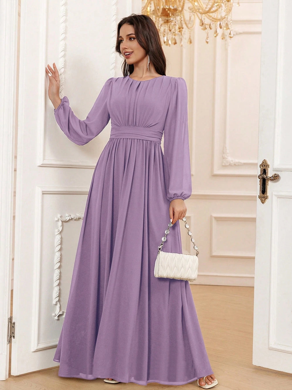 Volly Toych Lavender Elegant A-Line Round Neck Long Sleeve Floor-Length Chiffon Formal Bridesmaid Dress, - image 16