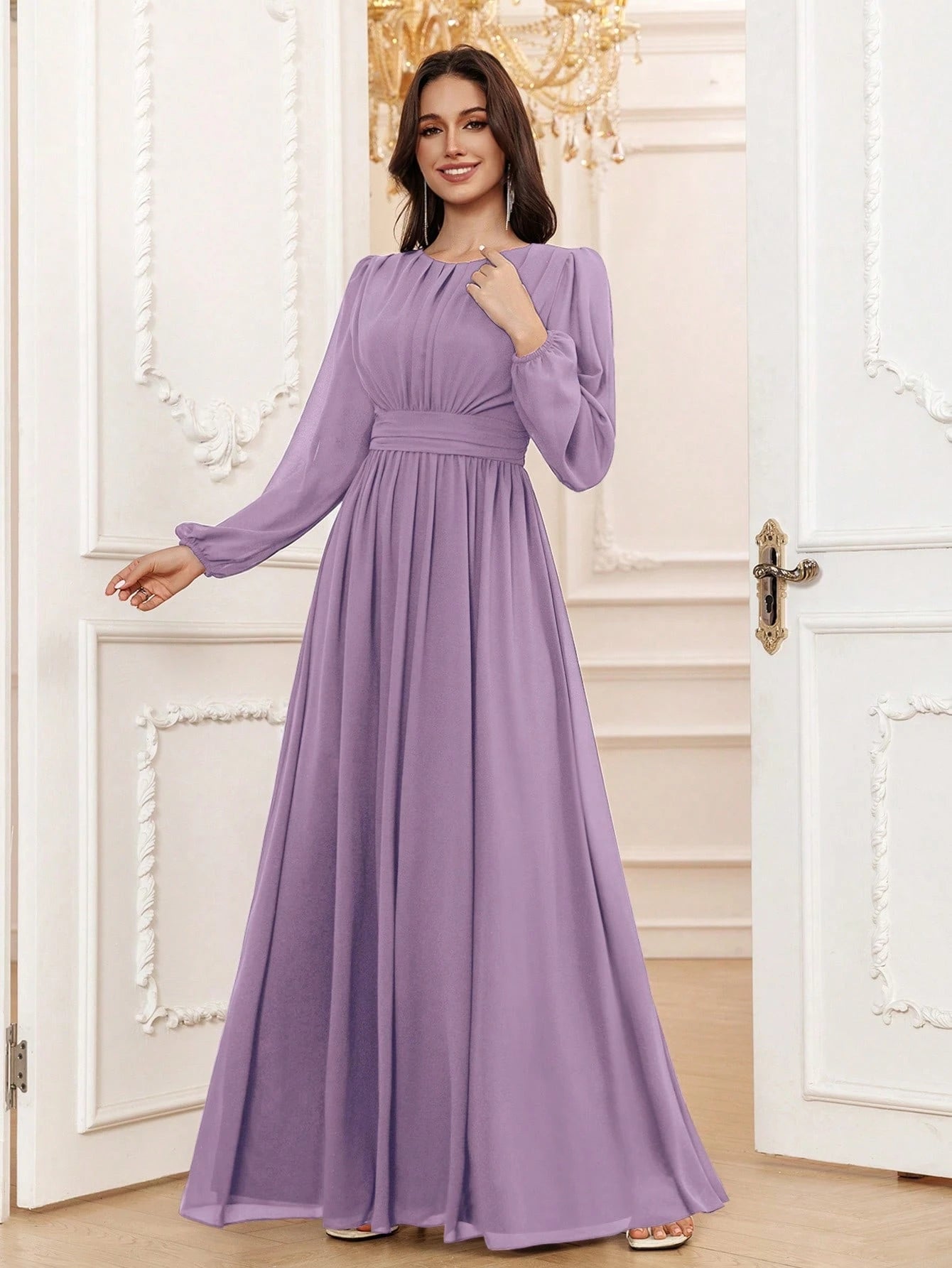 Volly Toych Lavender Elegant A-Line Round Neck Long Sleeve Floor-Length Chiffon Formal Bridesmaid Dress, - image 17