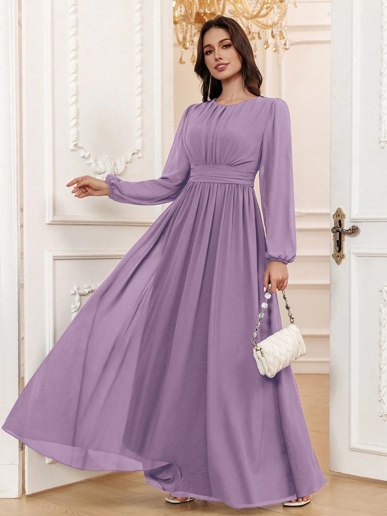Volly Toych Lavender Elegant A-Line Round Neck Long Sleeve Floor-Length Chiffon Formal Bridesmaid Dress, - image 13