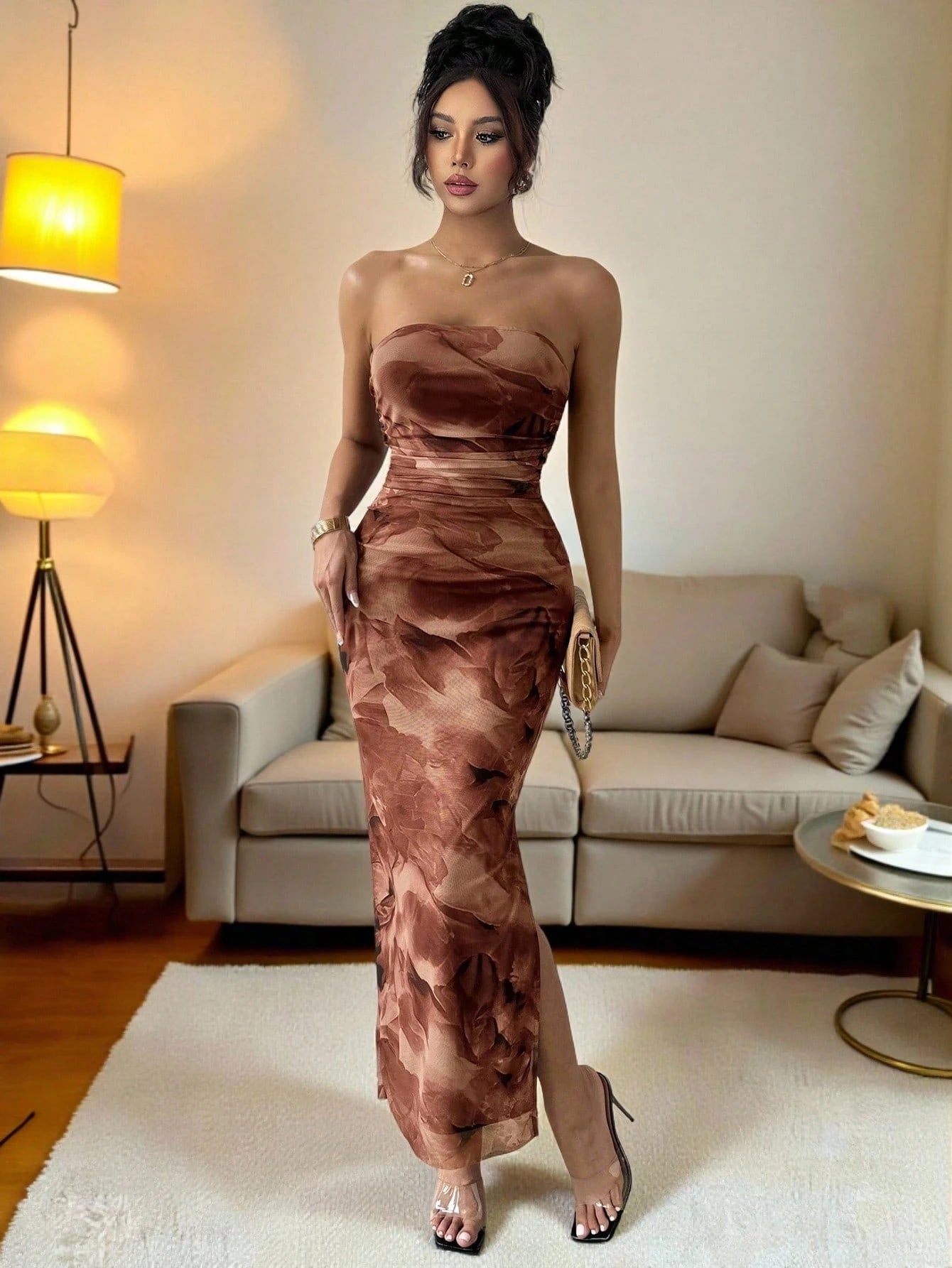 Ladies' Tie Dye Strapless Dress With Side Slit Hem Maxi