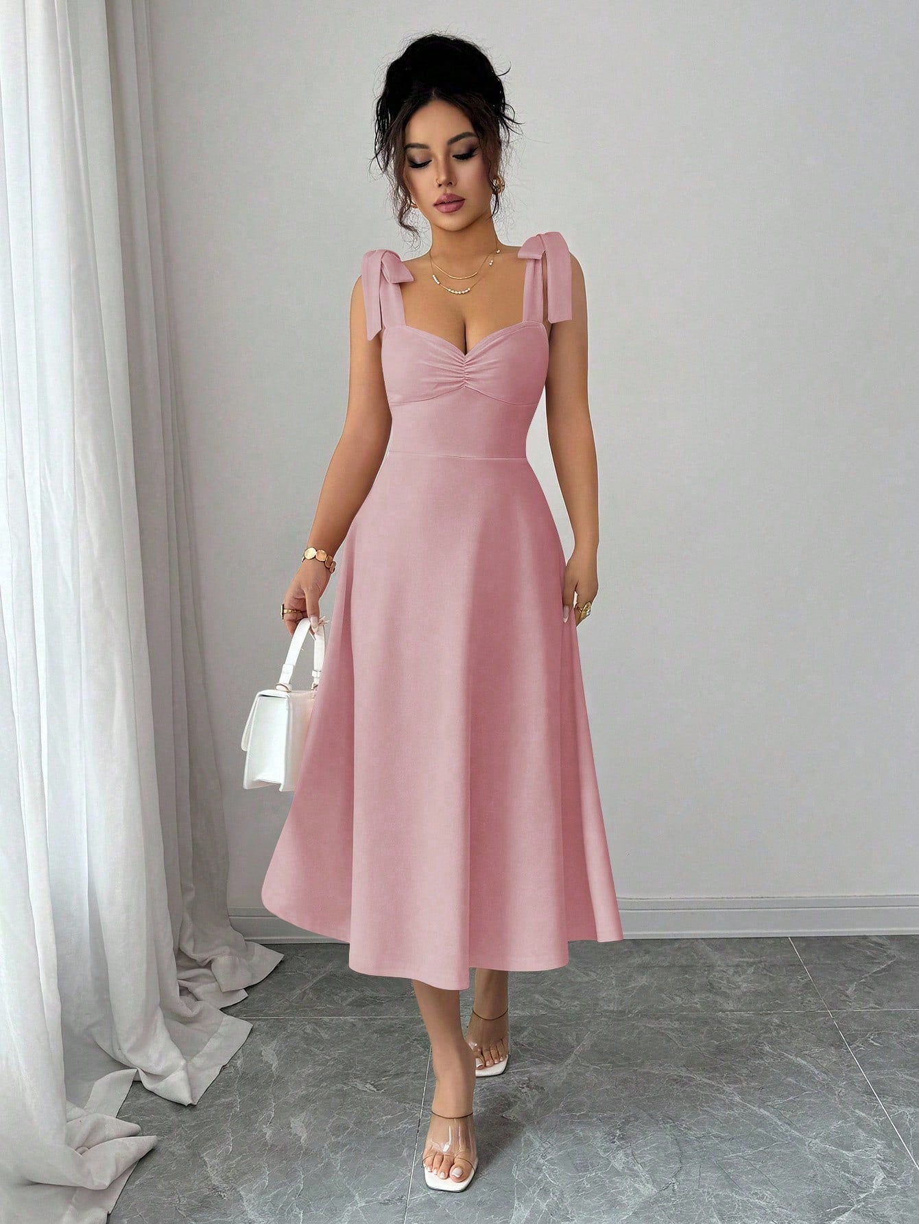 Elenzga Sleeveless Tie-Up Cinched Waist A-Line Elegant Romantic Women