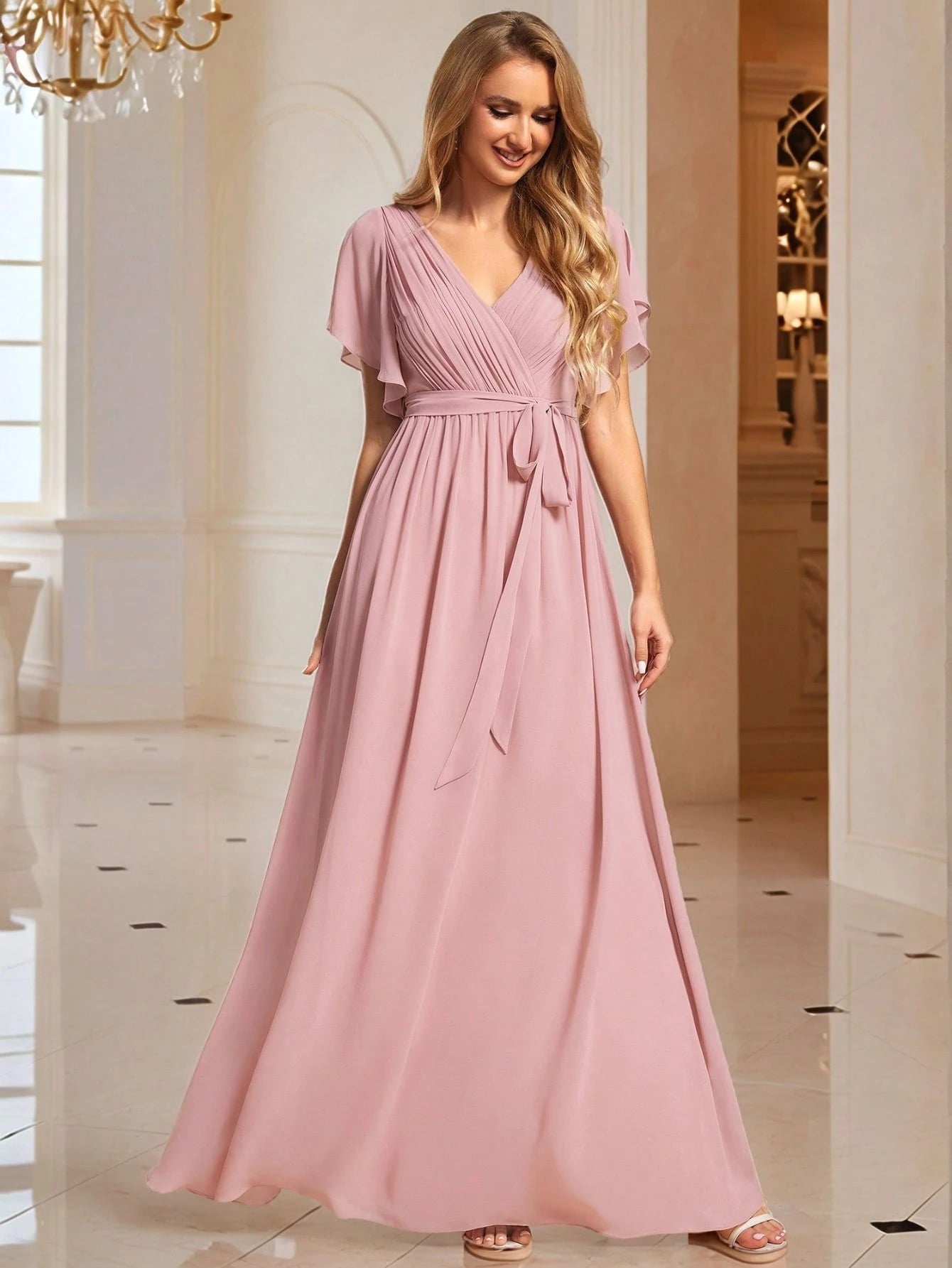 EVERPRETTY Butterfly Sleeve Pleated Chiffon Light Pink Bridesmaid