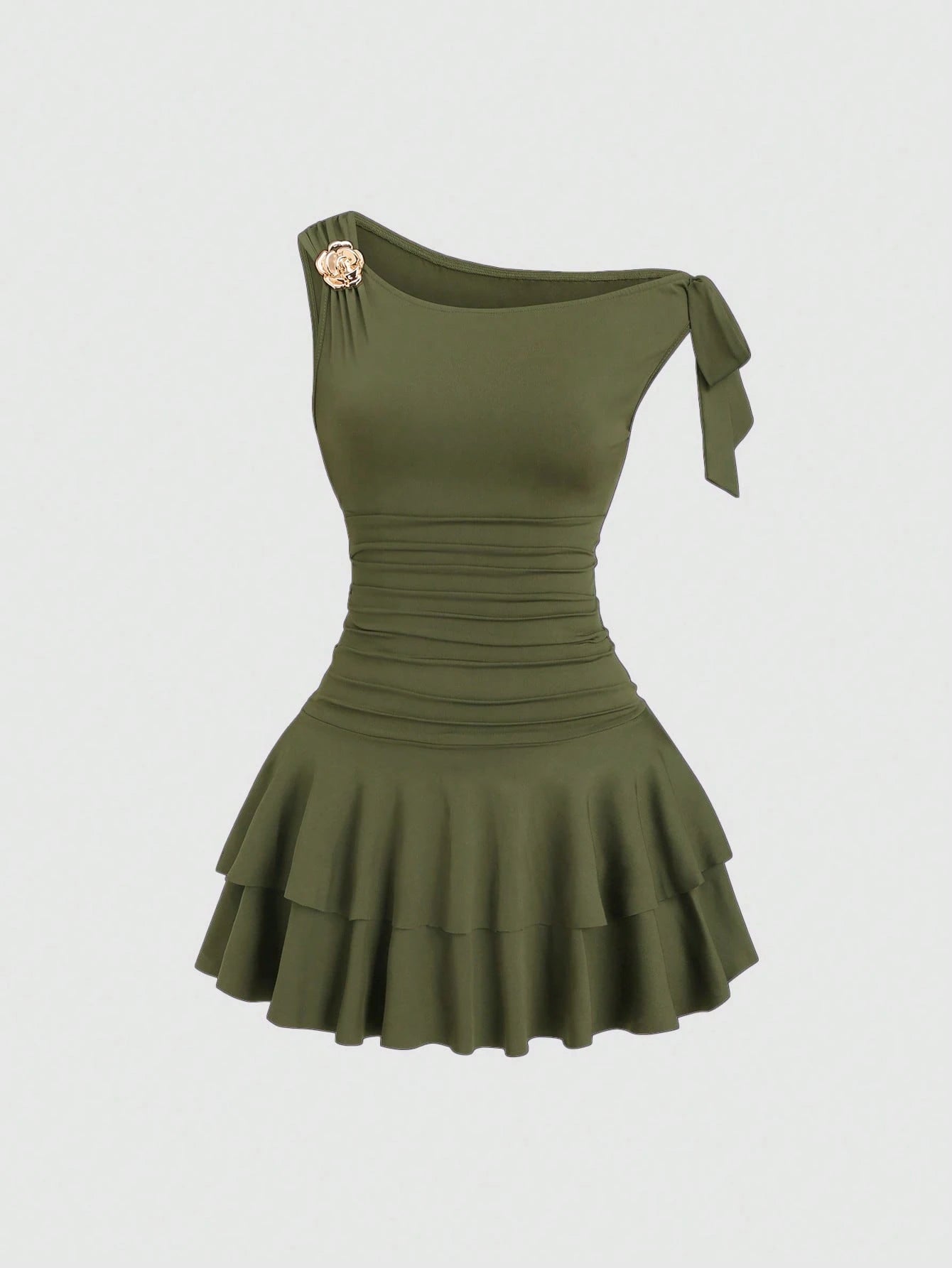 Sweetra Women's Metal Flower Decor Ruched Shoulder Ruched Hem