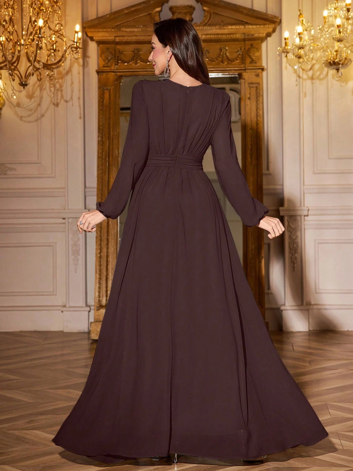 Volly Toych Elegant And Graceful Chiffon Bridesmaid Dress, Unlined Sleeves, Ruched Bust, Round Neck, Bishop - image 9