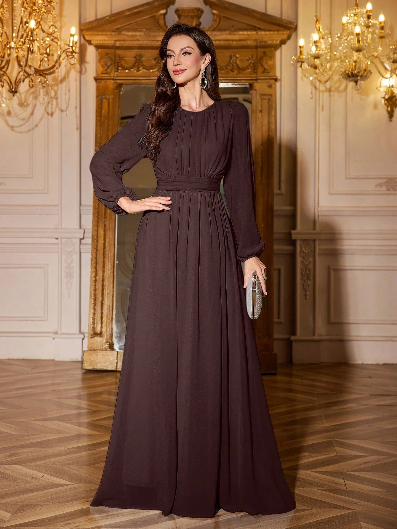Volly Toych Elegant And Graceful Chiffon Bridesmaid Dress, Unlined Sleeves, Ruched Bust, Round Neck, Bishop - image 8