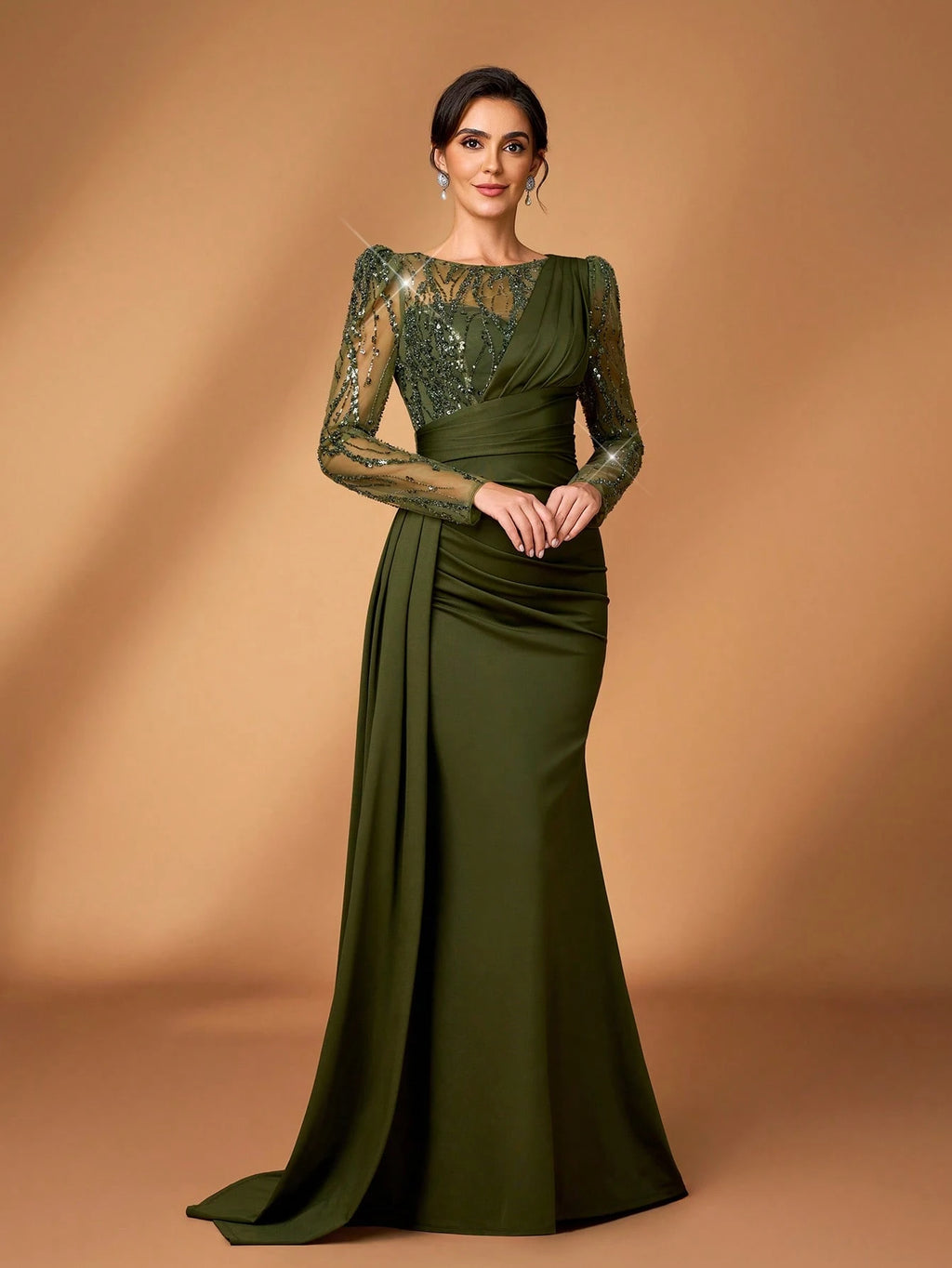Serin Navy Blue Winter Elegant Formal Evening Wedding Luxurious Beaded & Sequin Floral Mesh Sleeve Ruched