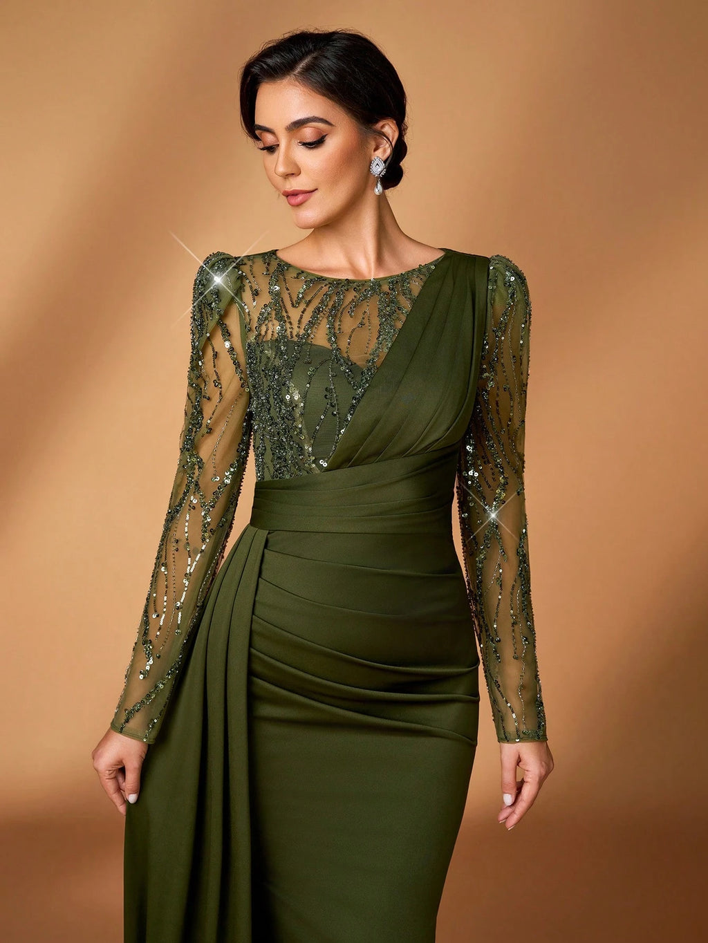 Serin Navy Blue Winter Elegant Formal Evening Wedding Luxurious Beaded & Sequin Floral Mesh Sleeve Ruched - image 2