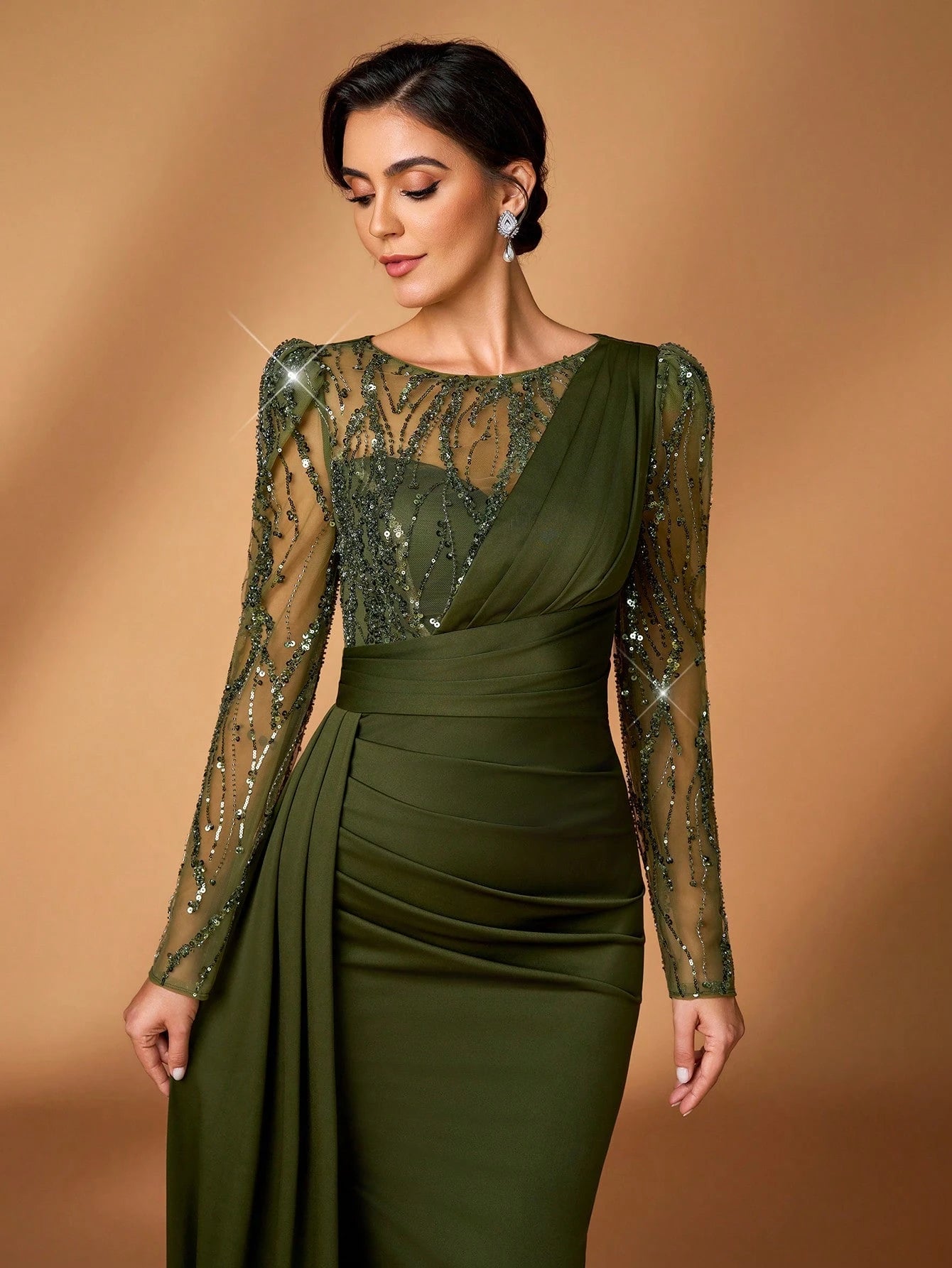 Serin Navy Blue Winter Elegant Formal Evening Wedding Luxurious Beaded & Sequin Floral Mesh Sleeve Ruched - image 2
