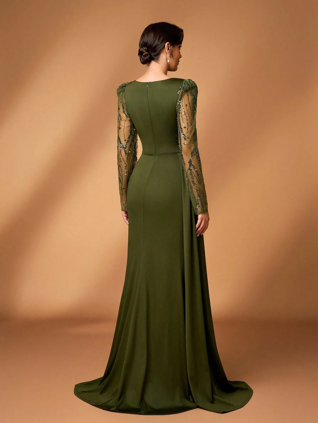 Serin Navy Blue Winter Elegant Formal Evening Wedding Luxurious Beaded & Sequin Floral Mesh Sleeve Ruched - image 3