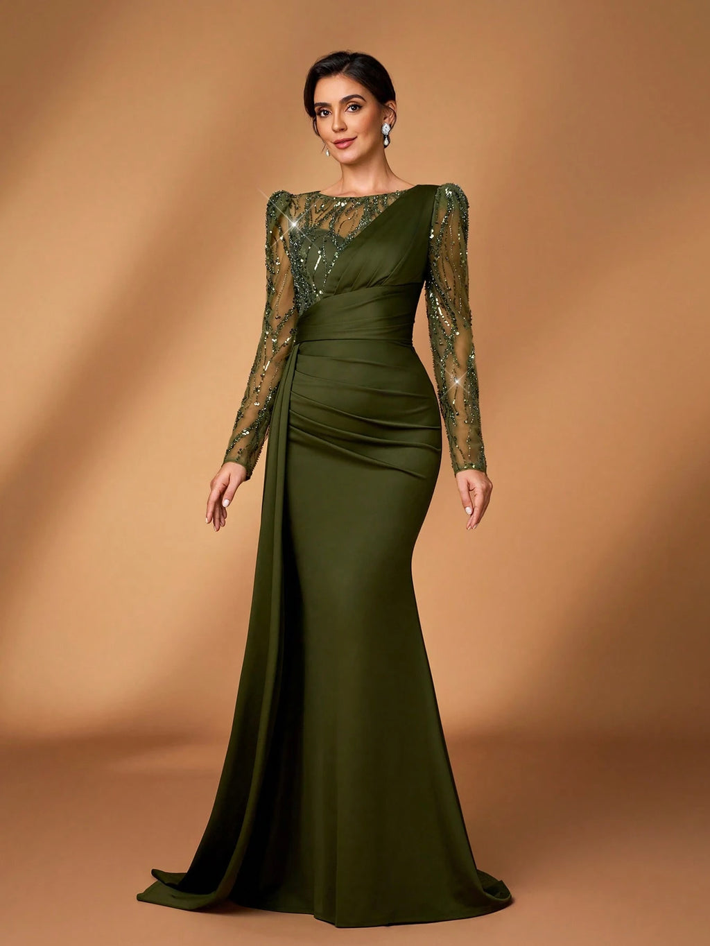 Serin Navy Blue Winter Elegant Formal Evening Wedding Luxurious Beaded & Sequin Floral Mesh Sleeve Ruched - image 5