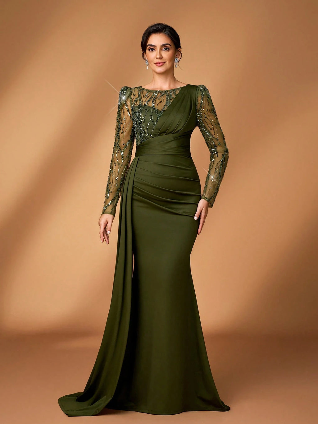 Serin Navy Blue Winter Elegant Formal Evening Wedding Luxurious Beaded & Sequin Floral Mesh Sleeve Ruched - image 6