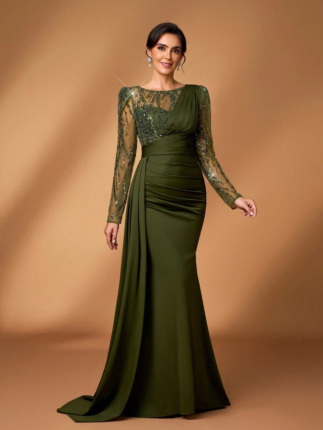 Serin Navy Blue Winter Elegant Formal Evening Wedding Luxurious Beaded & Sequin Floral Mesh Sleeve Ruched - image 7