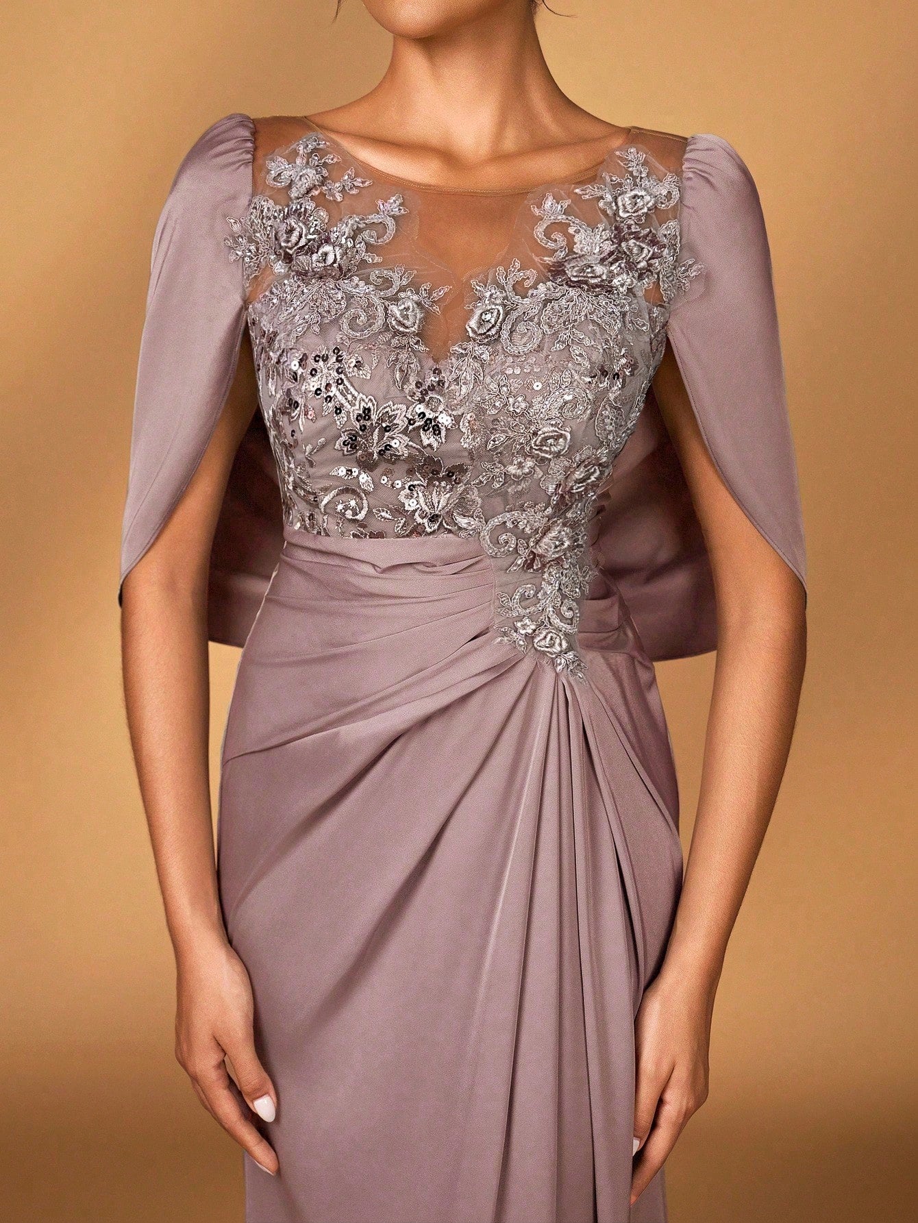 Serin Elegant Luxurious Embroidered Lace & Sequin Patchwork Elastic Satin Ruffle Sleeve Mermaid Hem - image 8