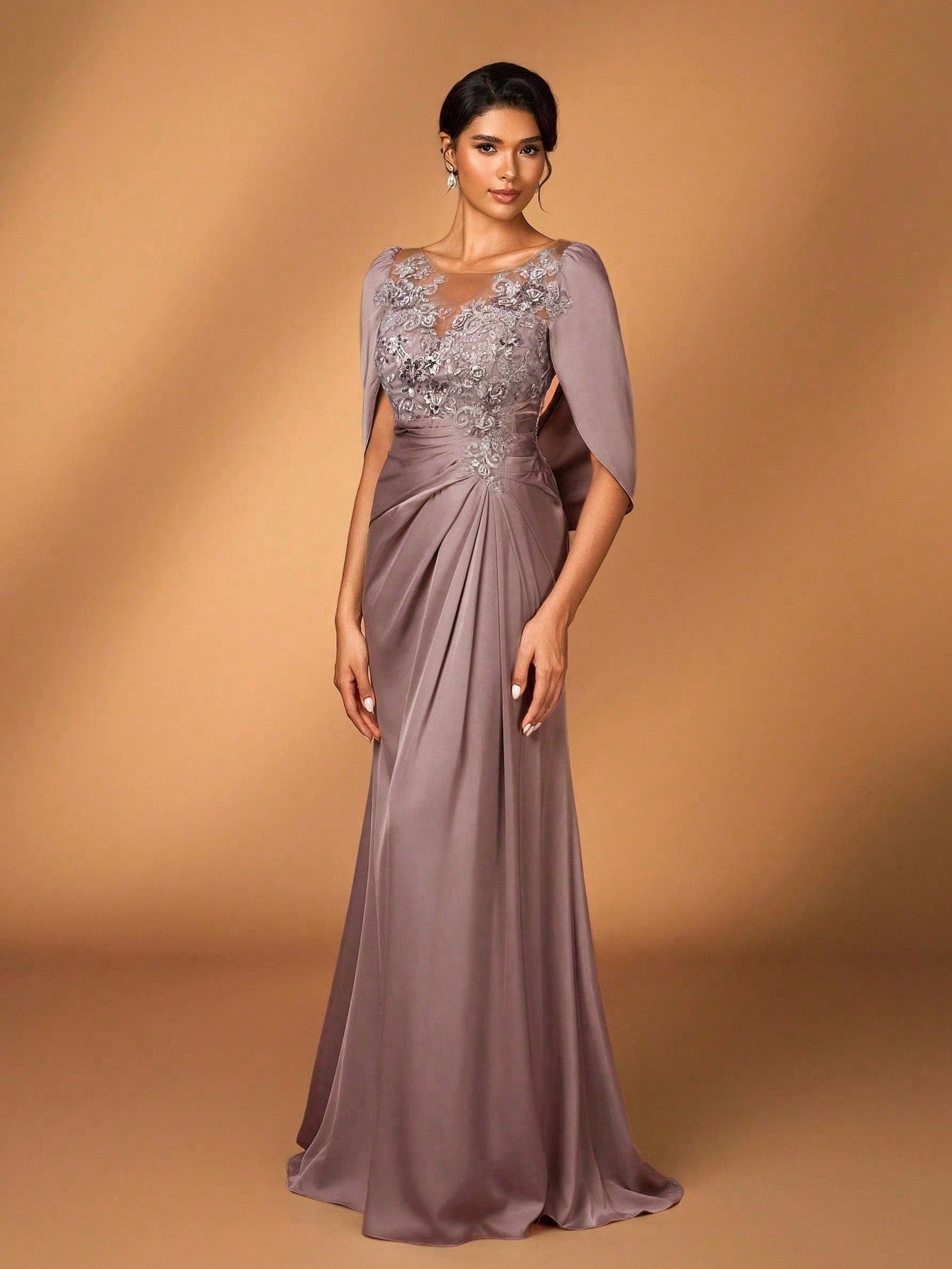 Serin Elegant Luxurious Embroidered Lace & Sequin Patchwork Elastic Satin Ruffle Sleeve Mermaid Hem - image 12