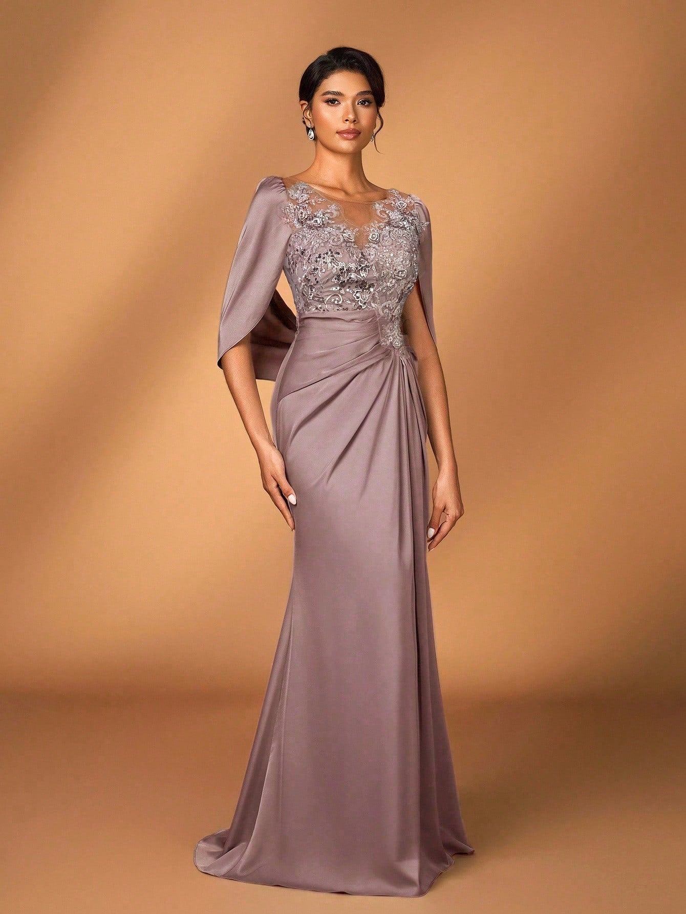 Serin Elegant Luxurious Embroidered Lace & Sequin Patchwork Elastic Satin Ruffle Sleeve Mermaid Hem - image 14