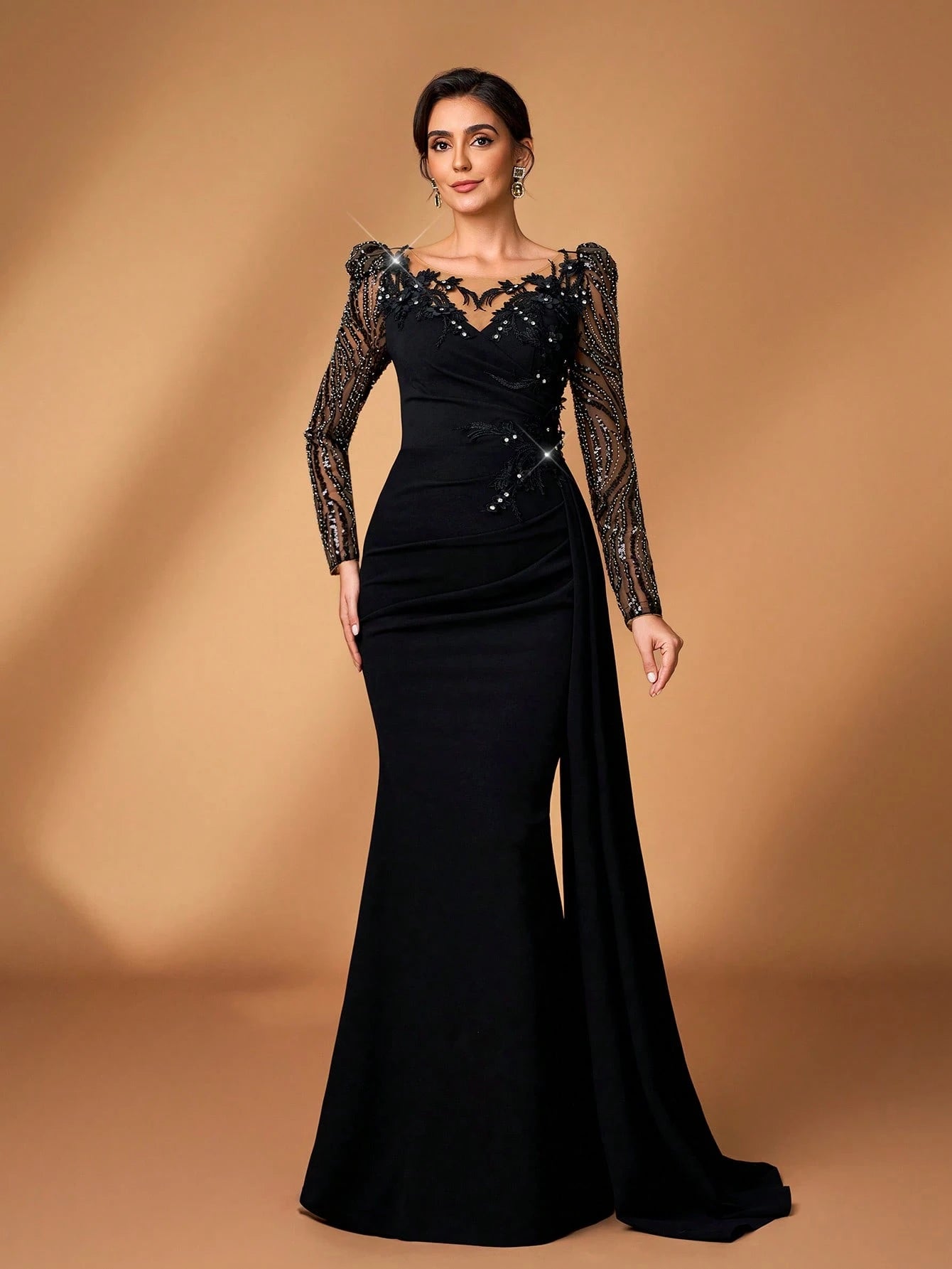 Serin Elegant Black Winter Formal Wedding Mermaid Dress,Luxurious Beaded Sequin Floral Applique Lace - image 4