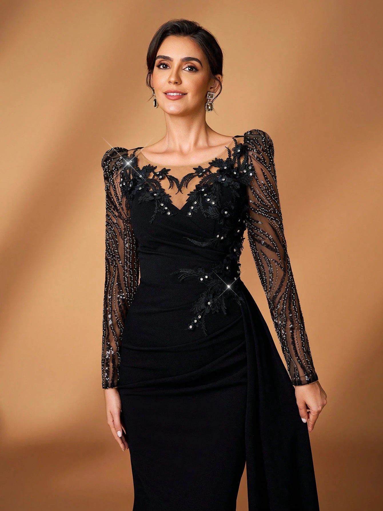 Serin Elegant Black Winter Formal Wedding Mermaid Dress,Luxurious Beaded Sequin Floral Applique Lace - image 5