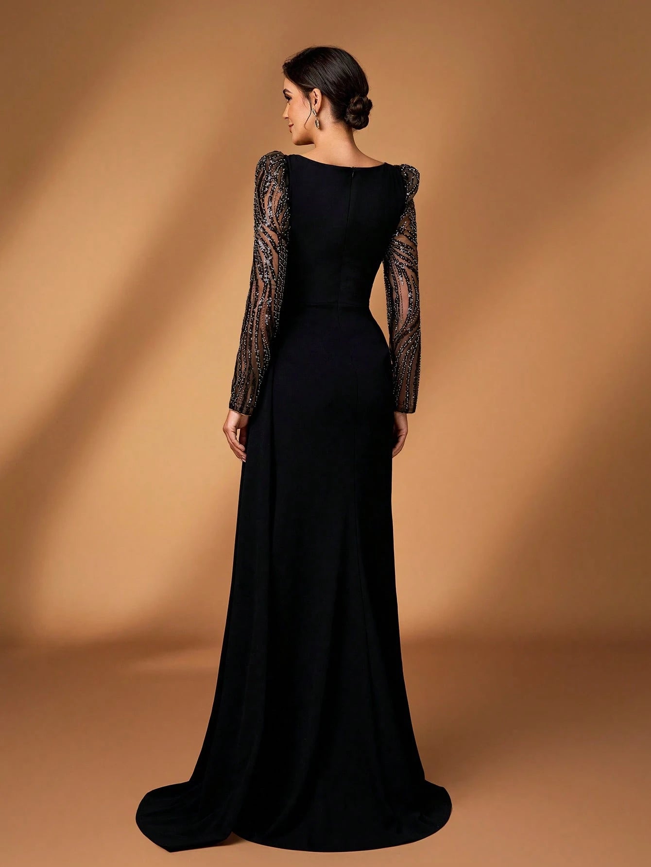 Serin Elegant Black Winter Formal Wedding Mermaid Dress,Luxurious Beaded Sequin Floral Applique Lace - image 3